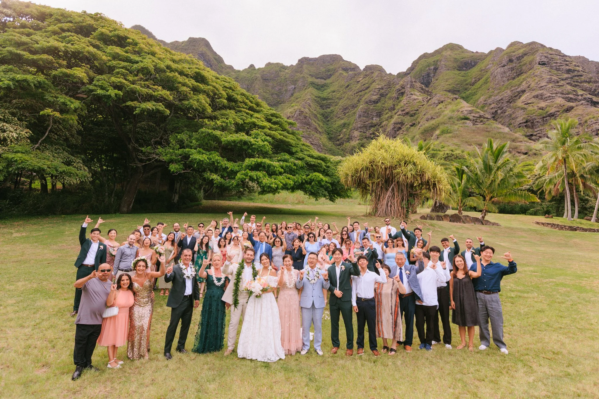 A large group of wedding guests and the bride and groom, standing on a grassy field with lush green trees and mountains in the background.