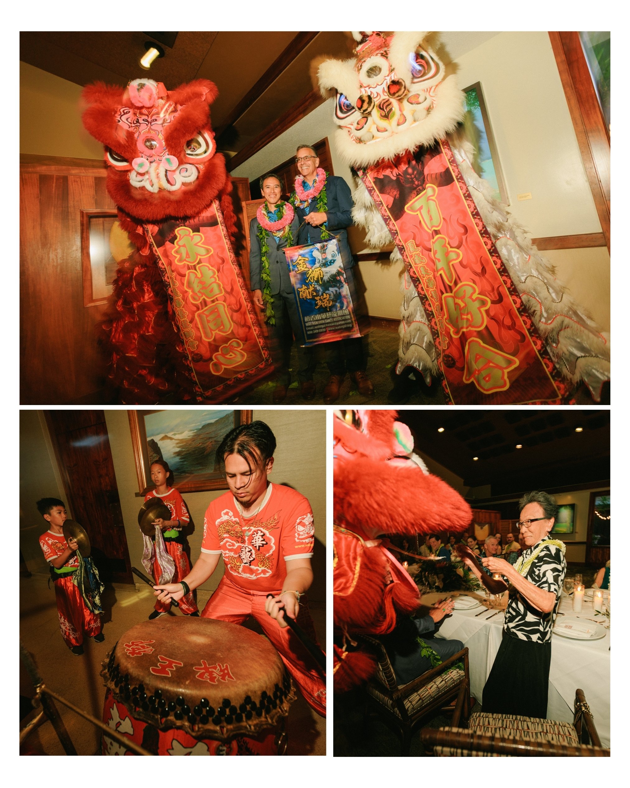 The newlyweds pose with Chinese lion dancers during their Pacific Club Honolulu wedding reception. Unique cultural wedding traditions and reception photography in Hawaii.