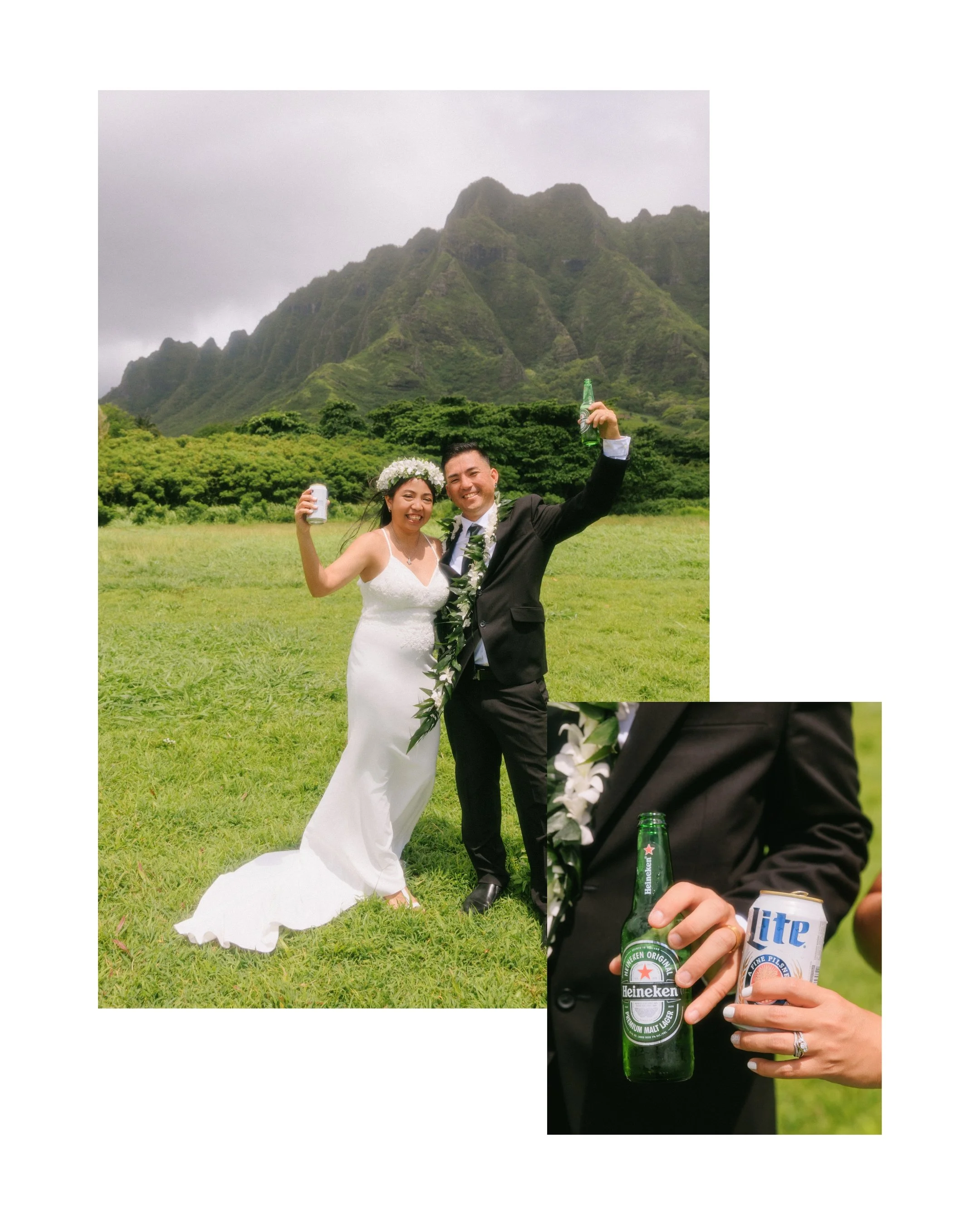 Bride and groom celebrating their Hawaii elopement with beers after their ceremony at Kualoa Regional Park with tropical mountain views and sunny Oahu weather.