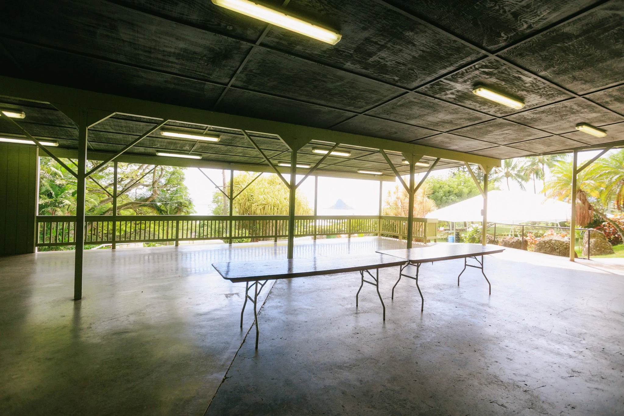 Empty covered outdoor pavilion with folding tables, surrounded by tropical trees and plants, bright sunlight in the background.