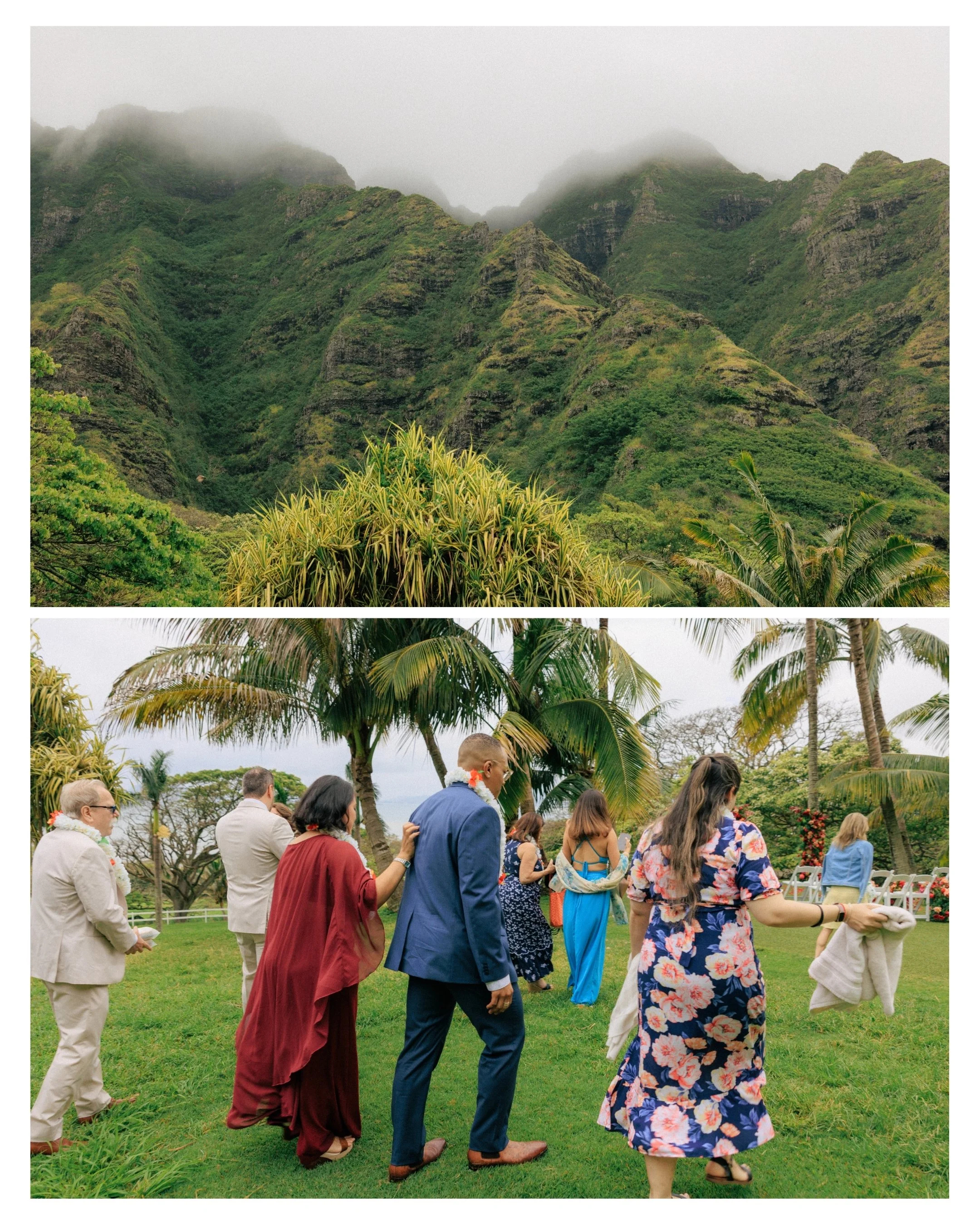 Guests walk across tropical lawn toward ceremony site at Kualoa Ranch with mountain views during intimate destination wedding on Oahu.