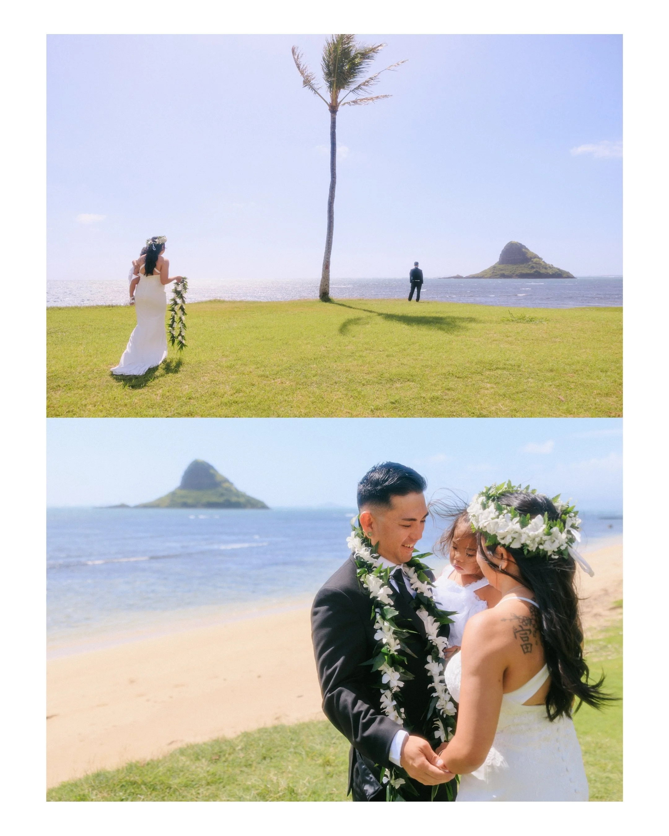 Intimate family-focused Hawaii elopement at Kualoa Regional Park with views of Chinaman’s Hat, blue skies, tropical beach scenery, and relaxed wedding portraits on Oahu.