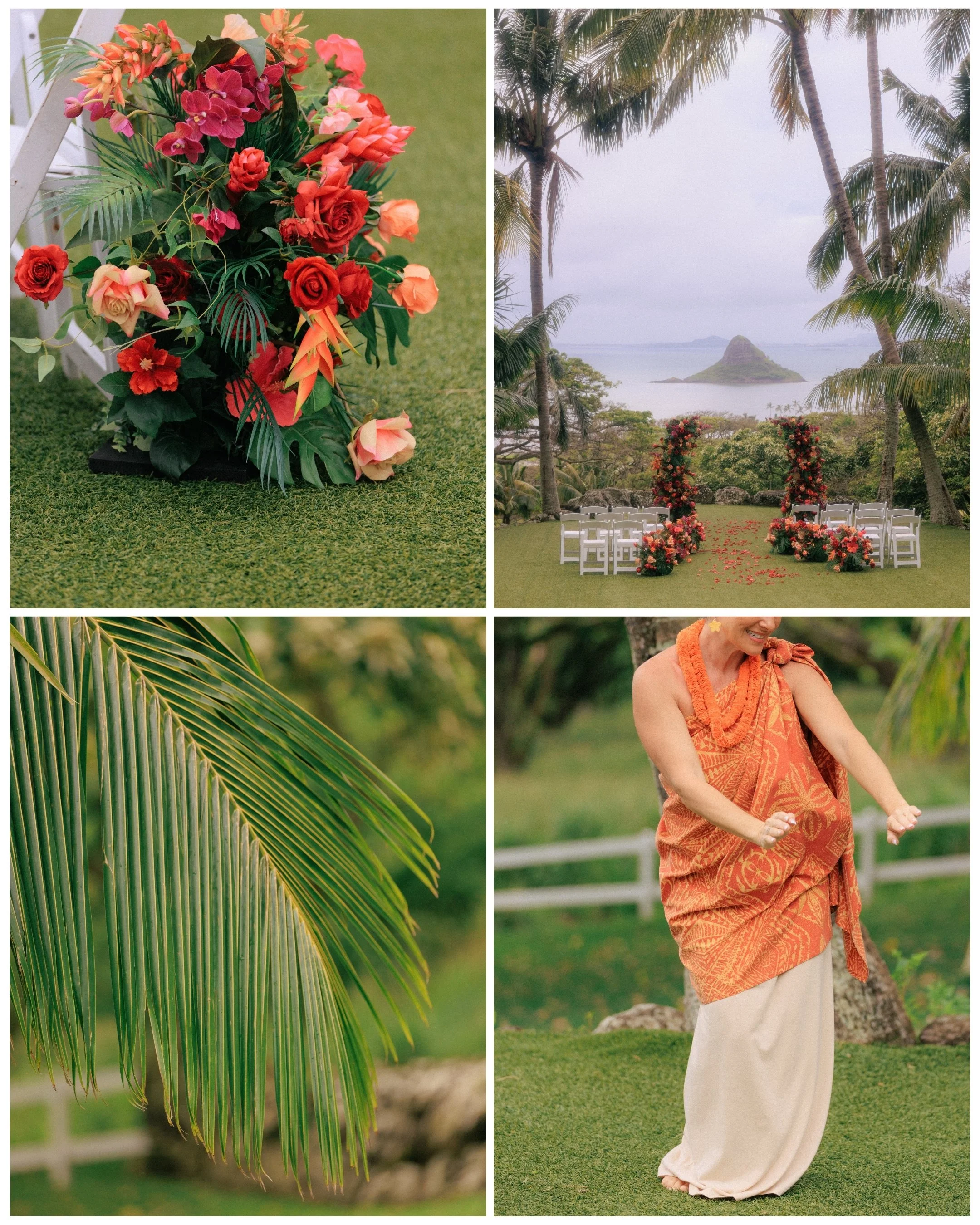 Wide ceremony setup at Kualoa Ranch overlooking ocean and Chinaman’s Hat island with floral arch for luxury Hawaii wedding.