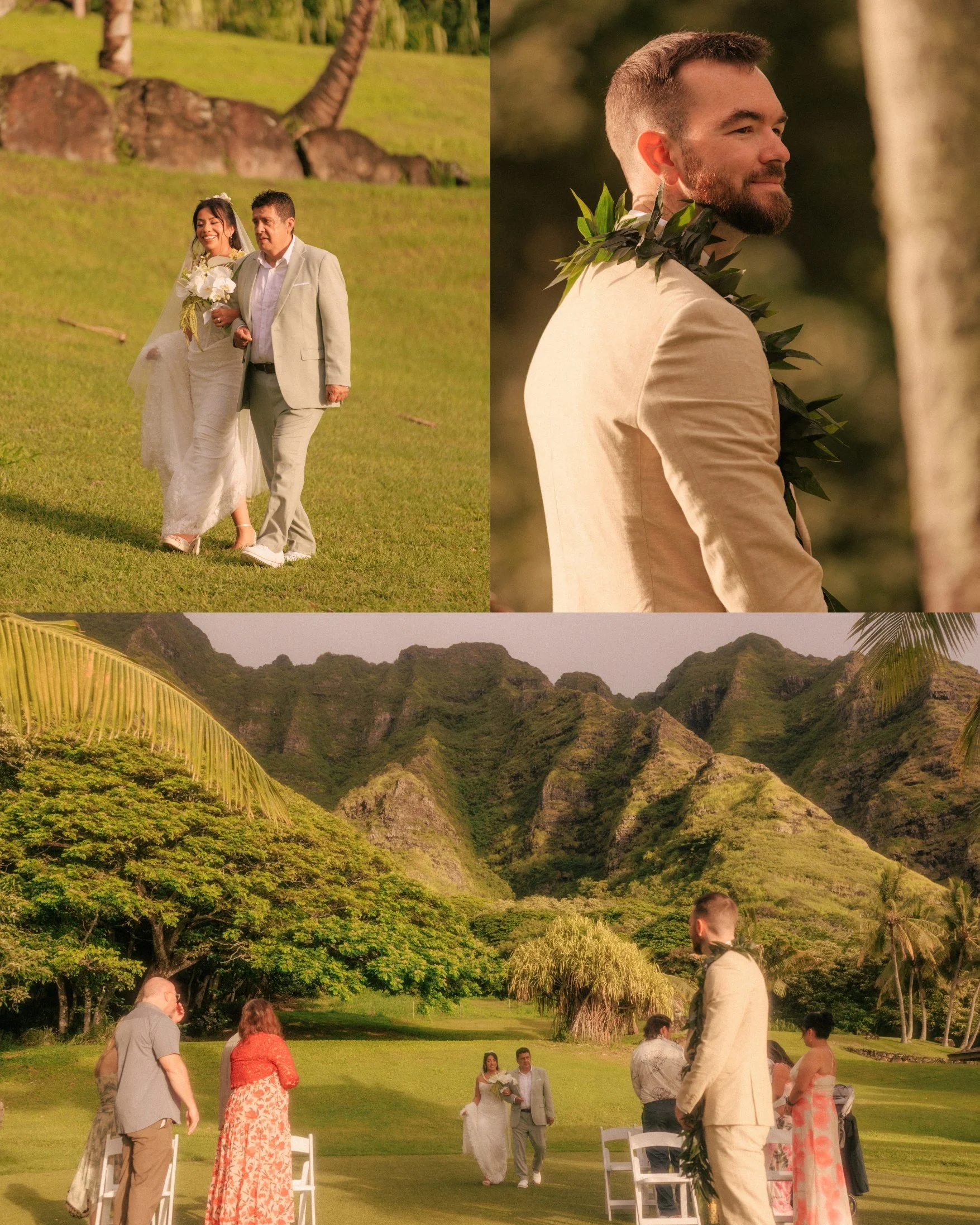 A collage from Nicole and Ethan's Kualoa Ranch elopement showing the couple walking across the grass, Ethan in profile wearing a green leaf lei, and guests watching them walk in with the Ko'olau mountains behind them at Paliku Gardens, Oahu.