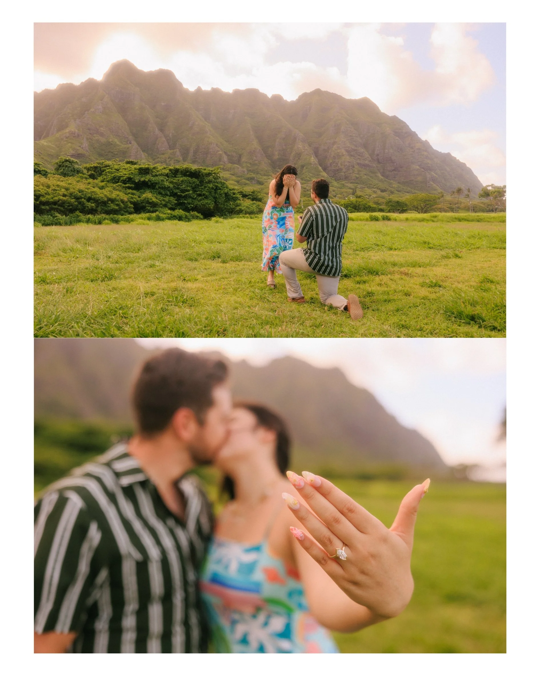 Newly engaged couple Jake and Sloane celebrating their surprise proposal at Kualoa Regional Park during golden hour on Oahu with engagement ring detail and romantic sunset lighting.