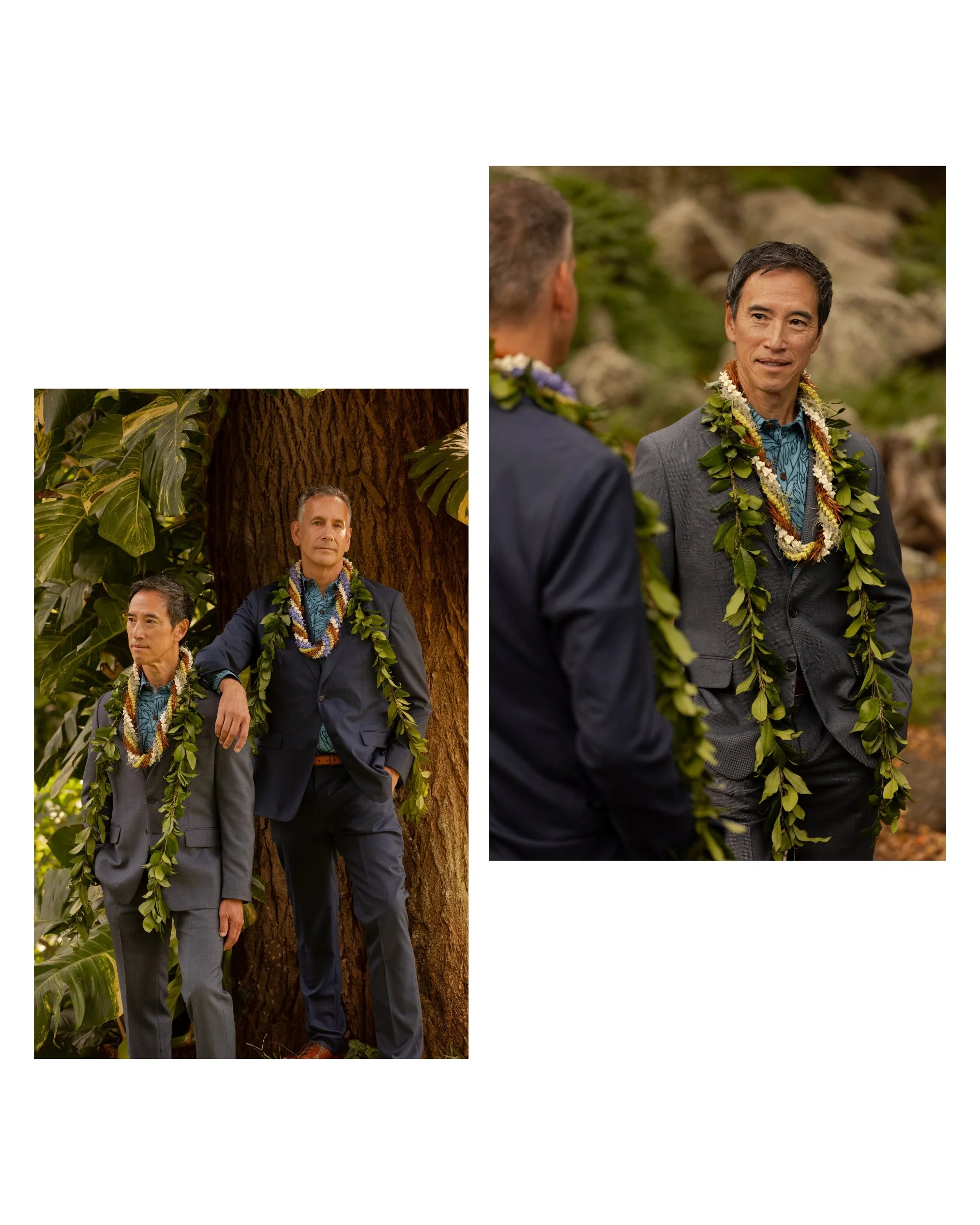 Portraits of the grooms wearing traditional Hawaiian leis during their Liliʻuokalani Botanical Garden wedding portrait session in Honolulu. Tropical wedding photography in Hawaii.