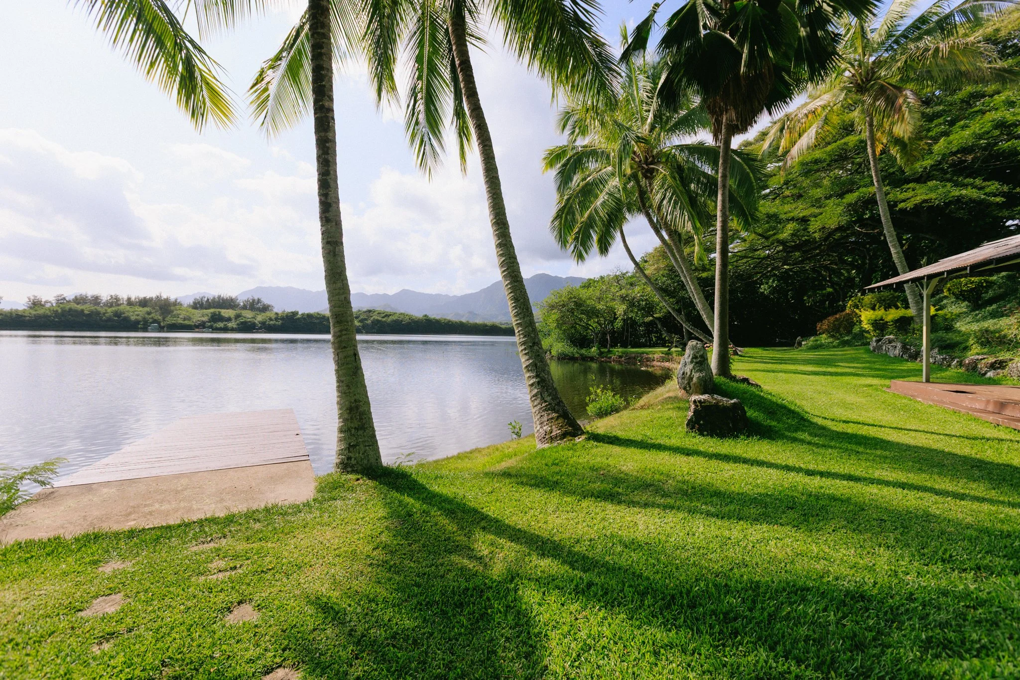 Tropical lakeside scene with green grass, palm trees, rocks, a wooden dock, and a covered patio, mountain range in the background under a partly cloudy sky.