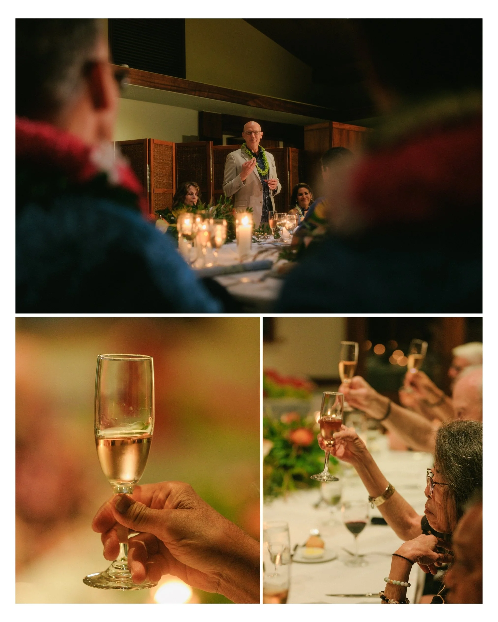 Wedding reception toast during an intimate Pacific Club Honolulu wedding. Family and friends raise champagne glasses while celebrating the couple's marriage in Hawaii.