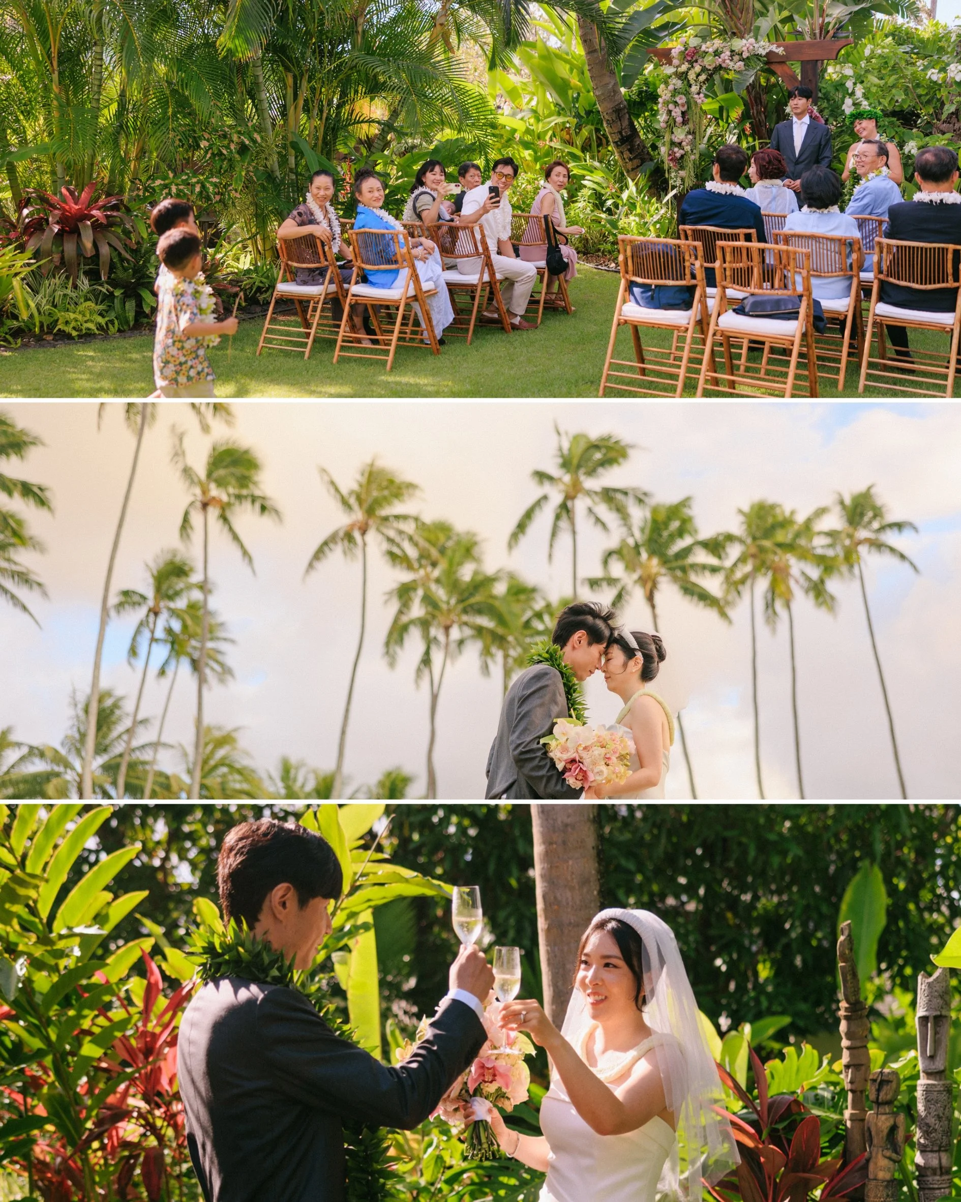 Bride and groom portraits surrounded by tropical greenery at Male'ana Gardens in Kailua, Hawaii