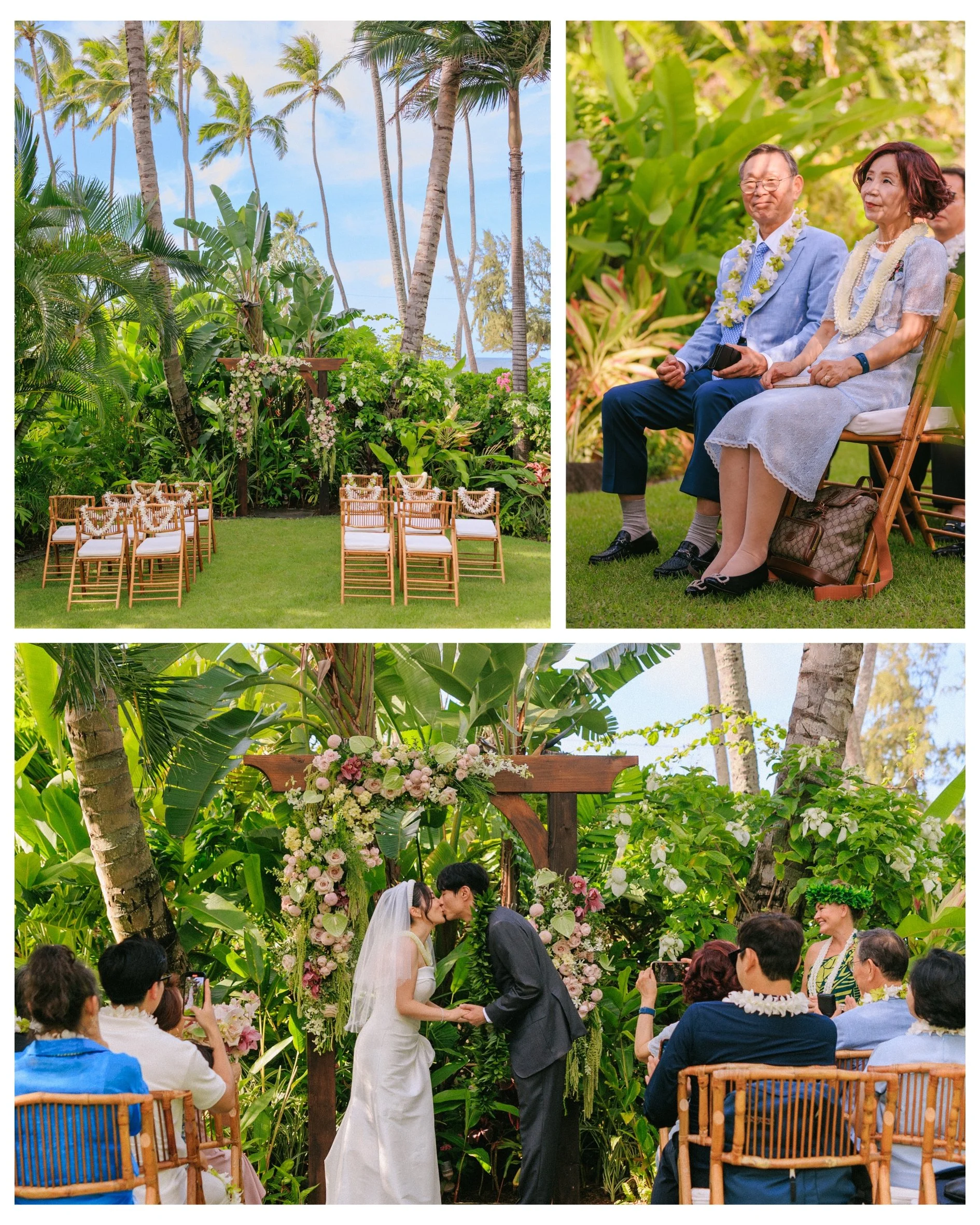 Parents watching their daughter get married. Colorful Hawaii wedding photography featuring tropical flowers and greenery at Male'ana Gardens. Couple during their first kiss
