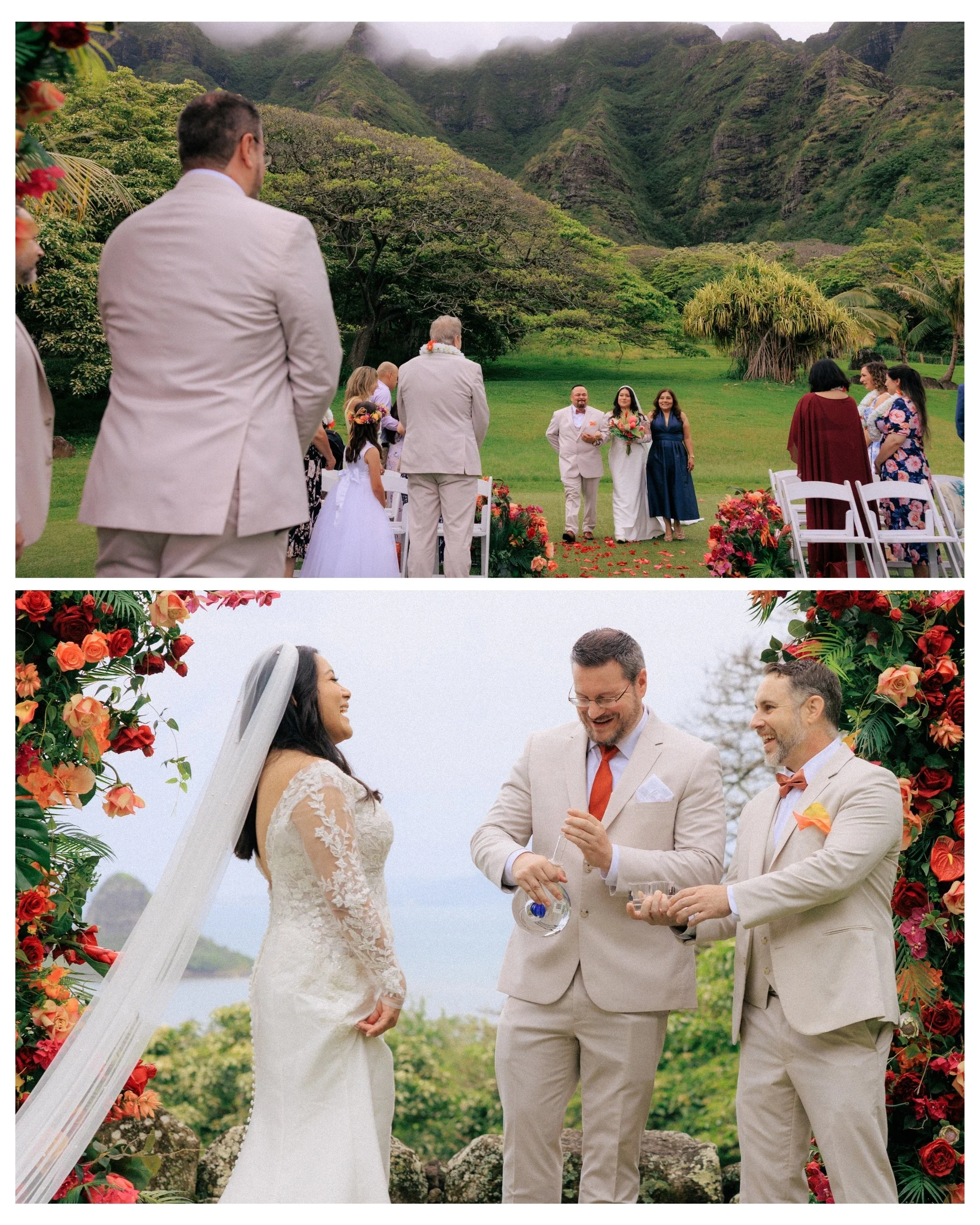 Groom watches bride walk down aisle with family escort surrounded by flowers and mountains during emotional Kualoa Ranch wedding.