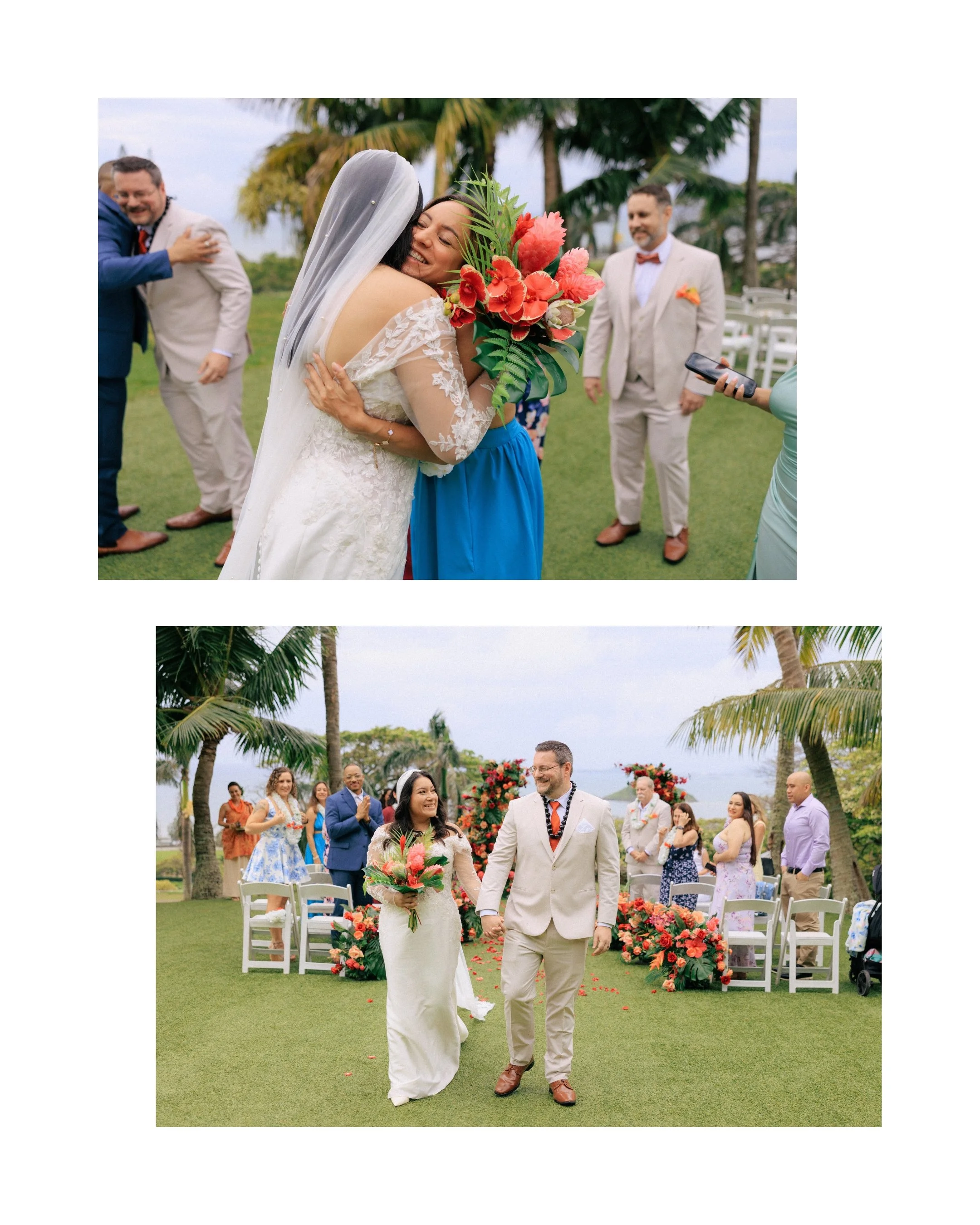 Bride hugs guest after ceremony while groom greets family at Kualoa Ranch wedding venue in Hawaii with tropical flowers and palm trees.