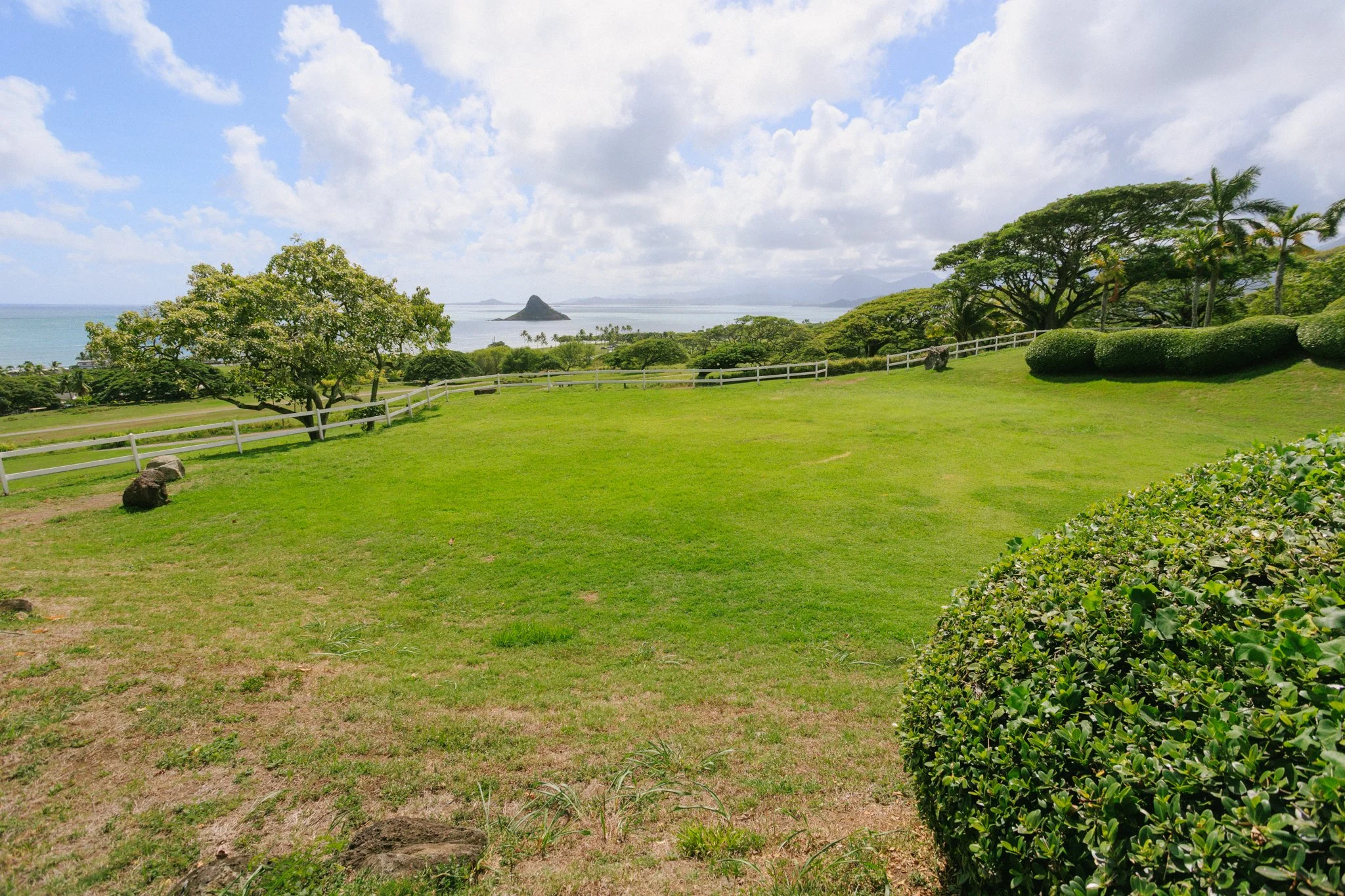 Scenic view of a lush green lawn with trees, shrubs, and a white fence overlooking the ocean with a small island in the background under partly cloudy skies.