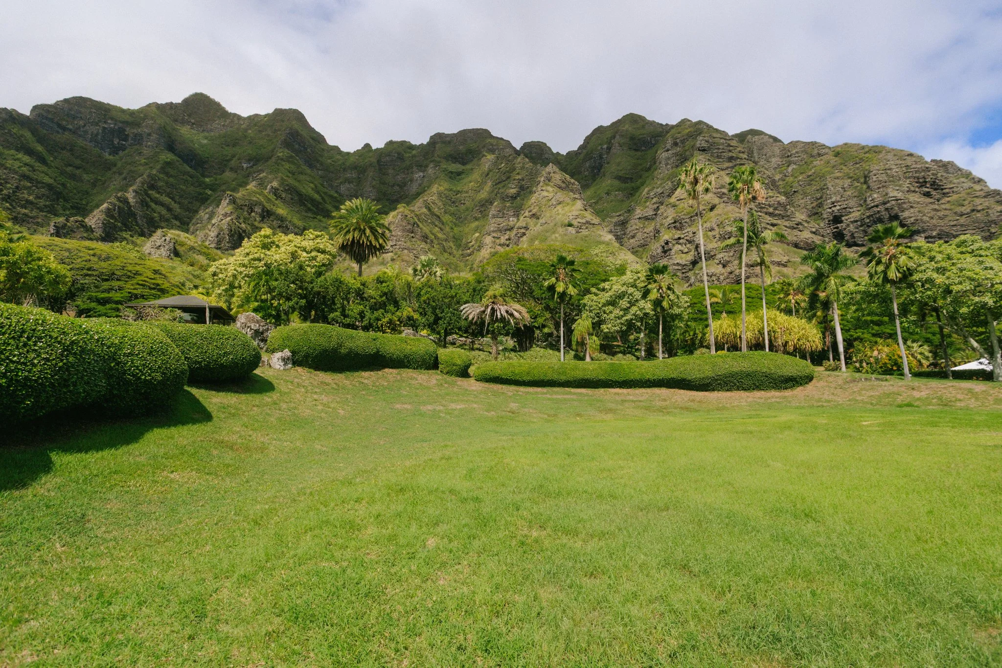 Lush green park with neatly trimmed bushes, tall palm trees, and vibrant grass in front of rugged mountains under a partly cloudy sky.