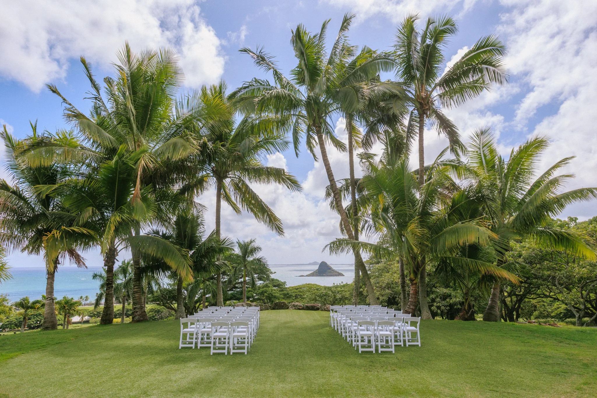 Outdoor wedding setup on a grassy lawn with white chairs, tall palm trees, ocean view, small island in the background, partly cloudy sky