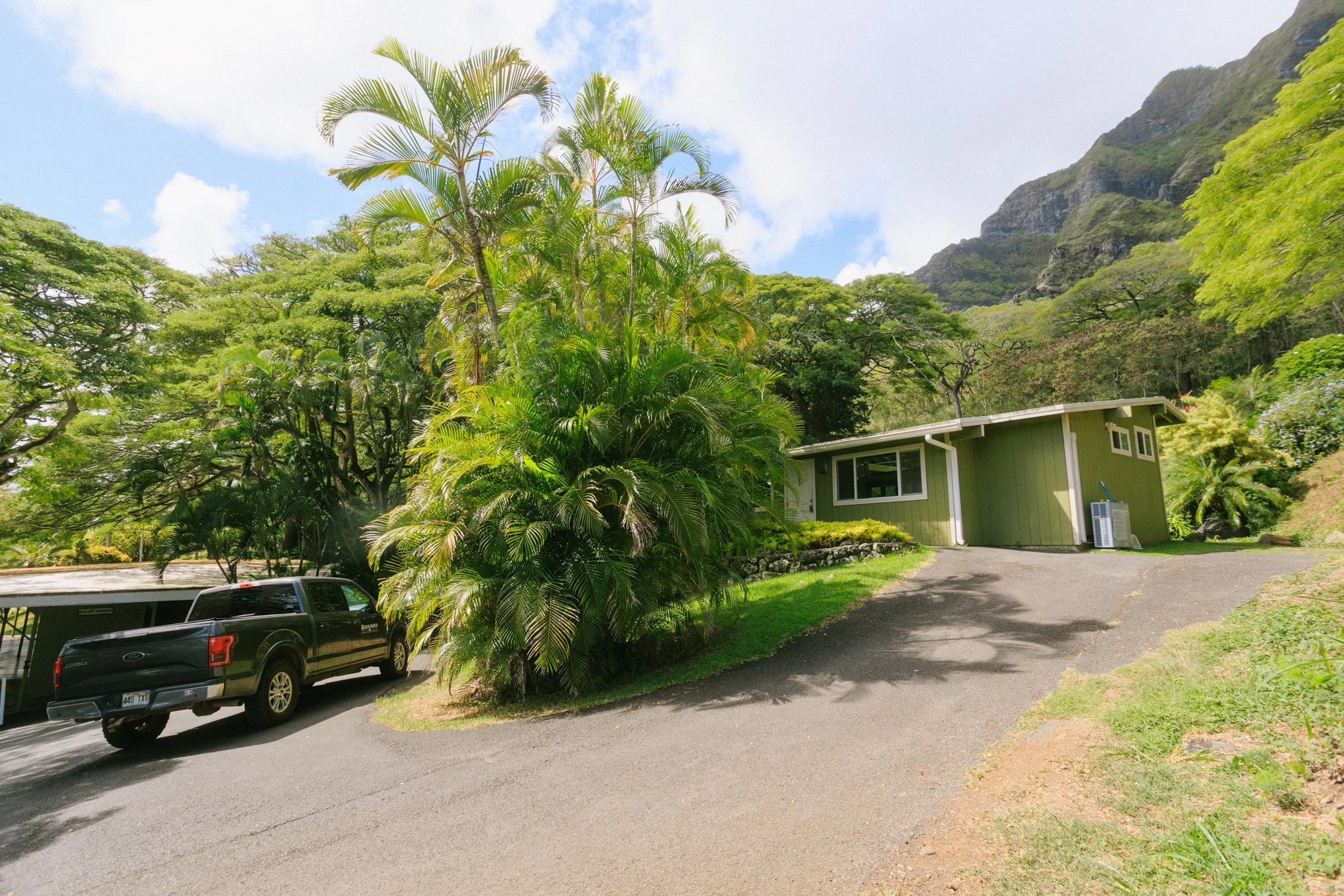 A green house surrounded by lush tropical trees and plants, with a driveway and a black pickup truck parked nearby, on a sunny day with a mountain in the background.