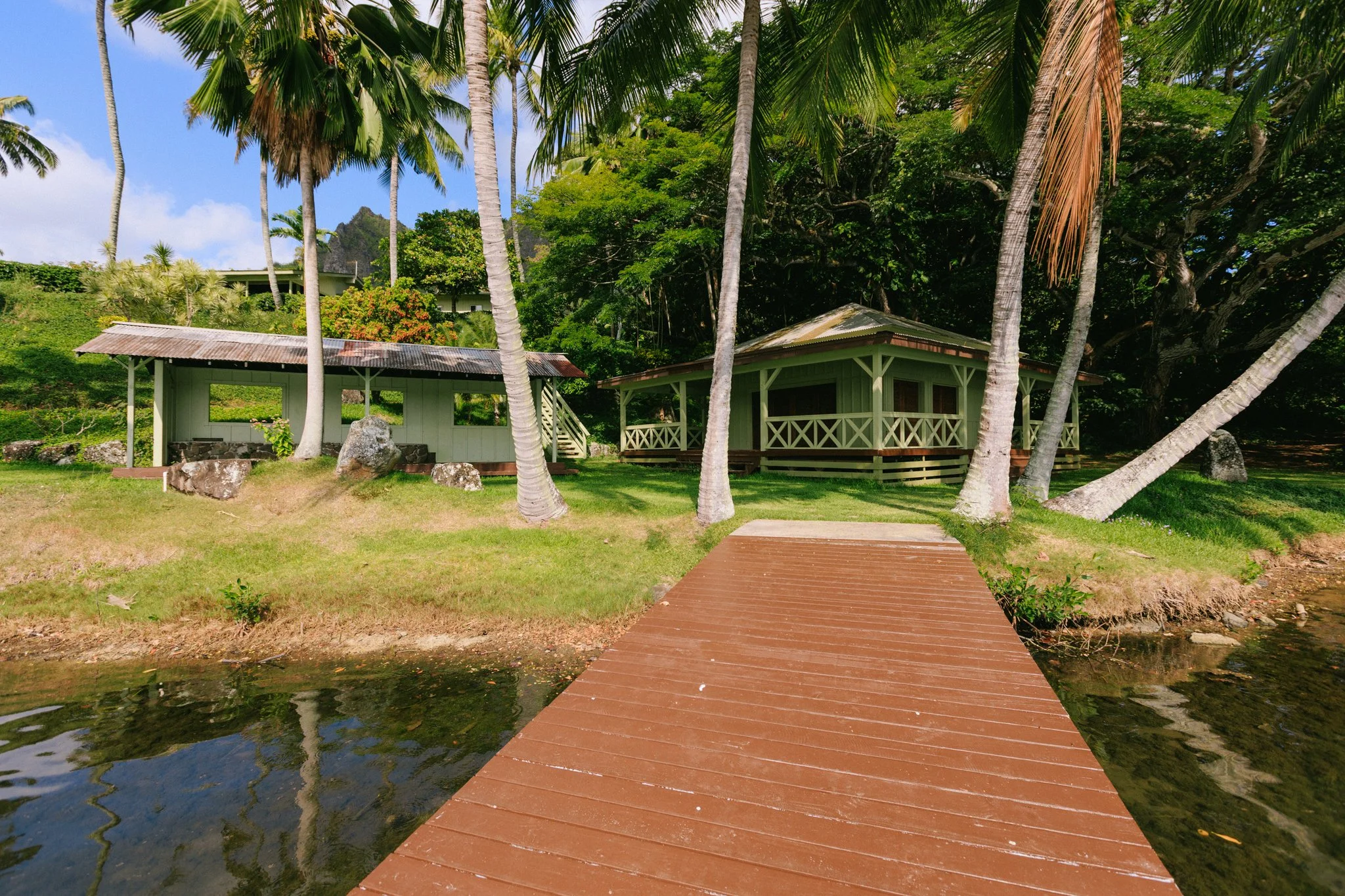 Two green cottages with porch railings surrounded by palm trees near water, with a wooden dock extending into the water.