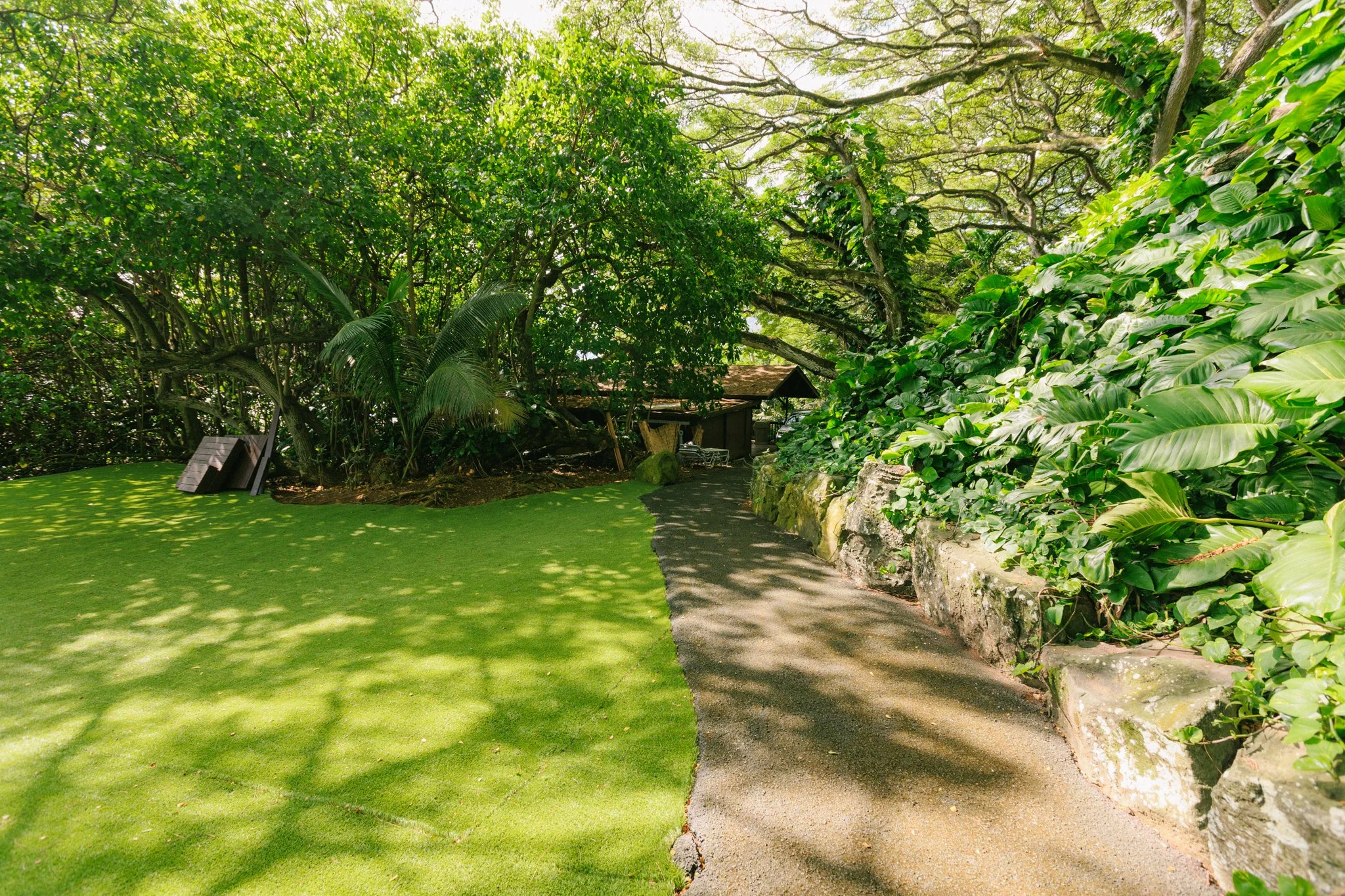A garden path surrounded by lush green trees and plants, with a small wooden structure in the background.