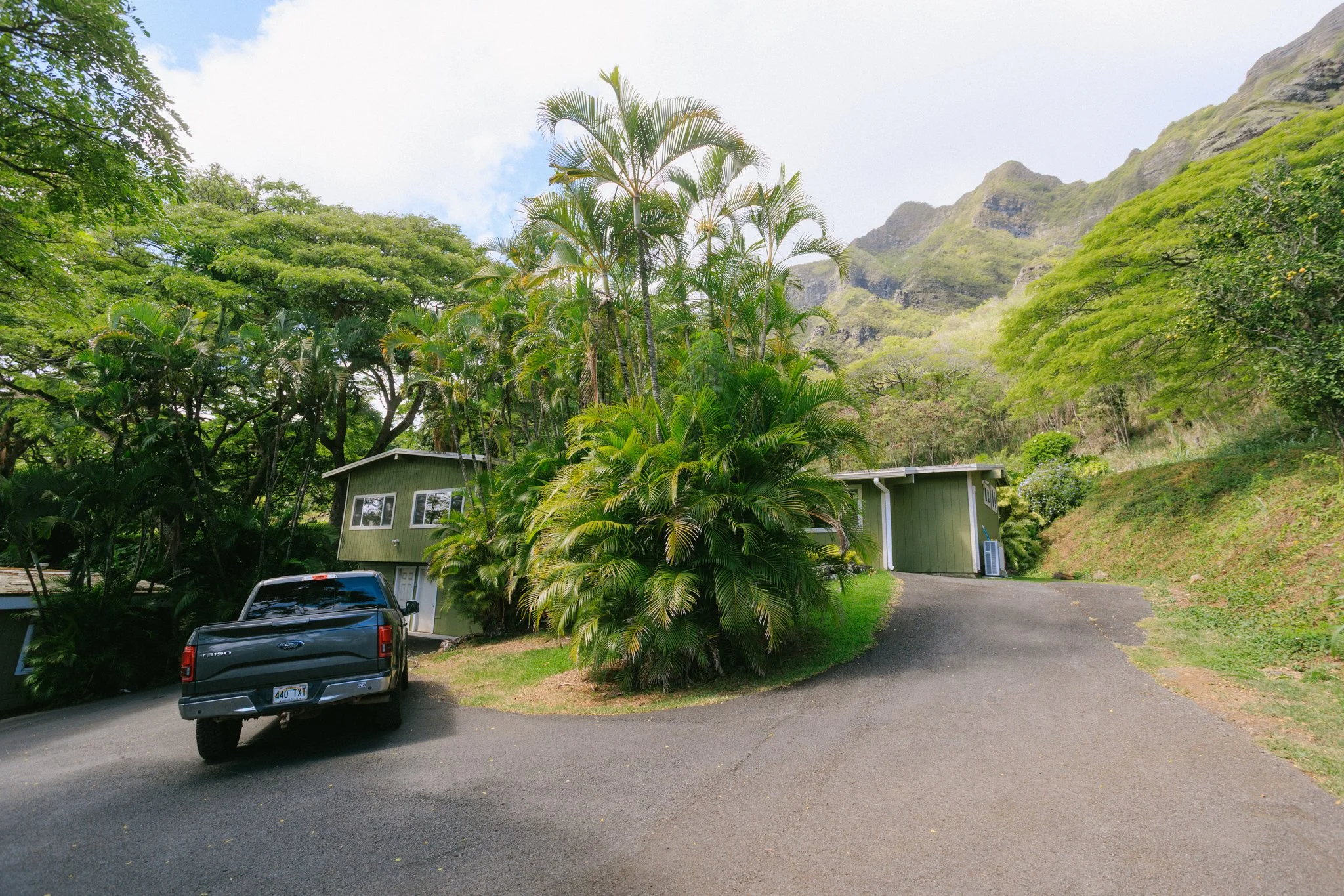Residential house painted green with surrounding tropical trees, palm trees, and lush green mountains in the background, with a black pickup truck parked on a paved driveway.