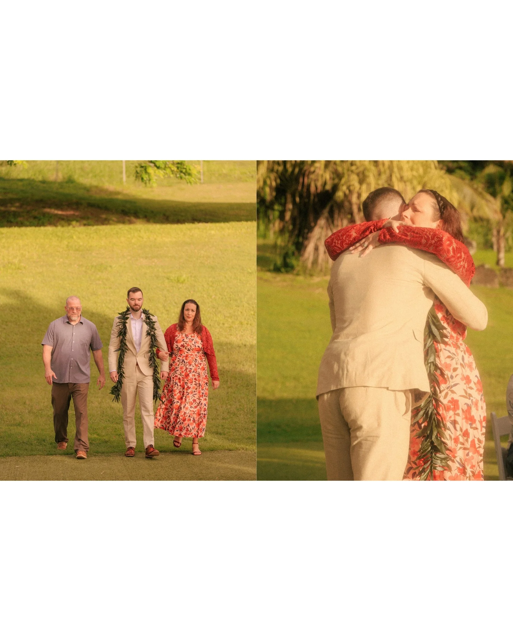 A two-panel collage of Ethan walking across the lawn with family members and then hugging a woman in a red floral dress, in warm sunlight during his morning elopement at Paliku Gardens, Kualoa Ranch, Oahu, Hawaii.