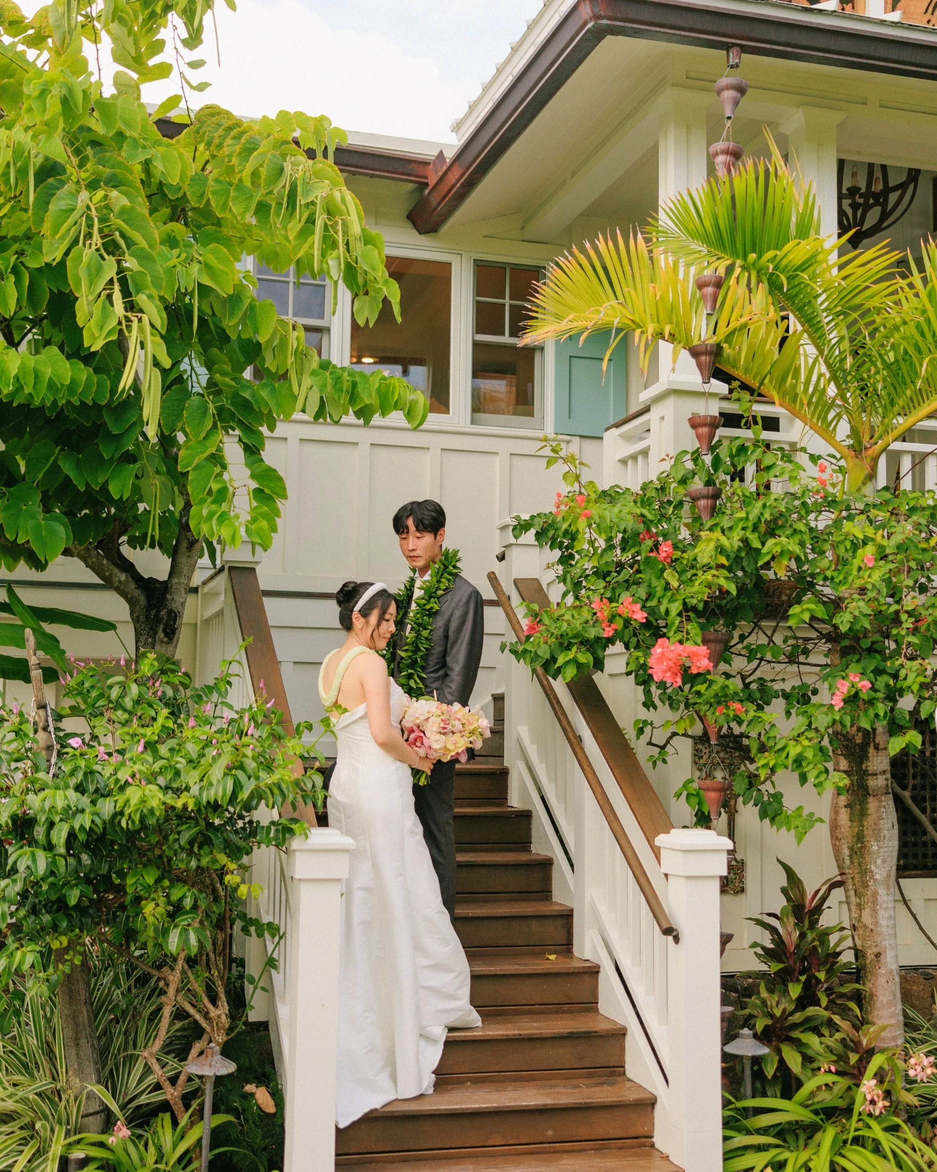 Tiffany and Sungho enjoying a quiet moment together during their intimate micro wedding in Hawaii