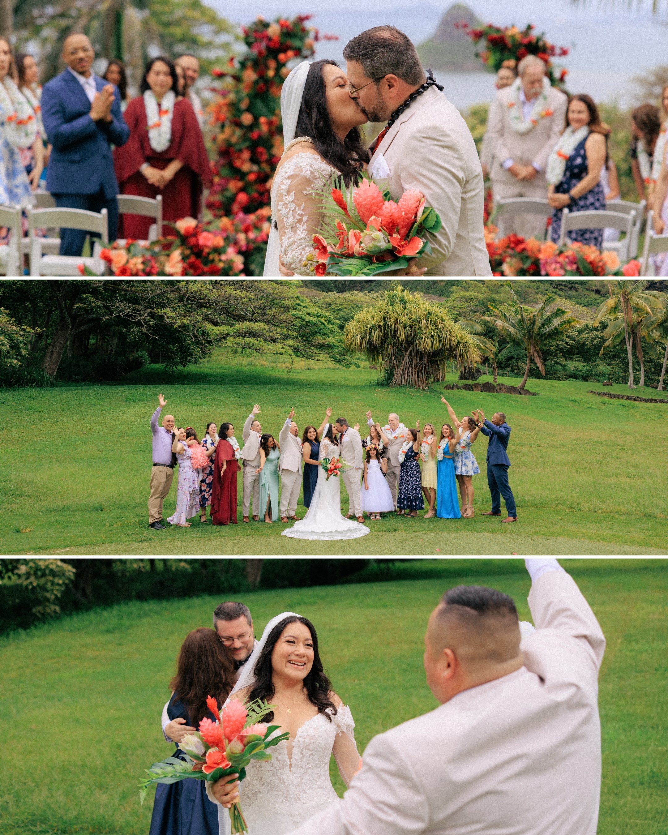 Bride and groom kiss during ceremony at Kualoa Ranch with Chinaman’s Hat island in background and guests celebrating Hawaii elopement.