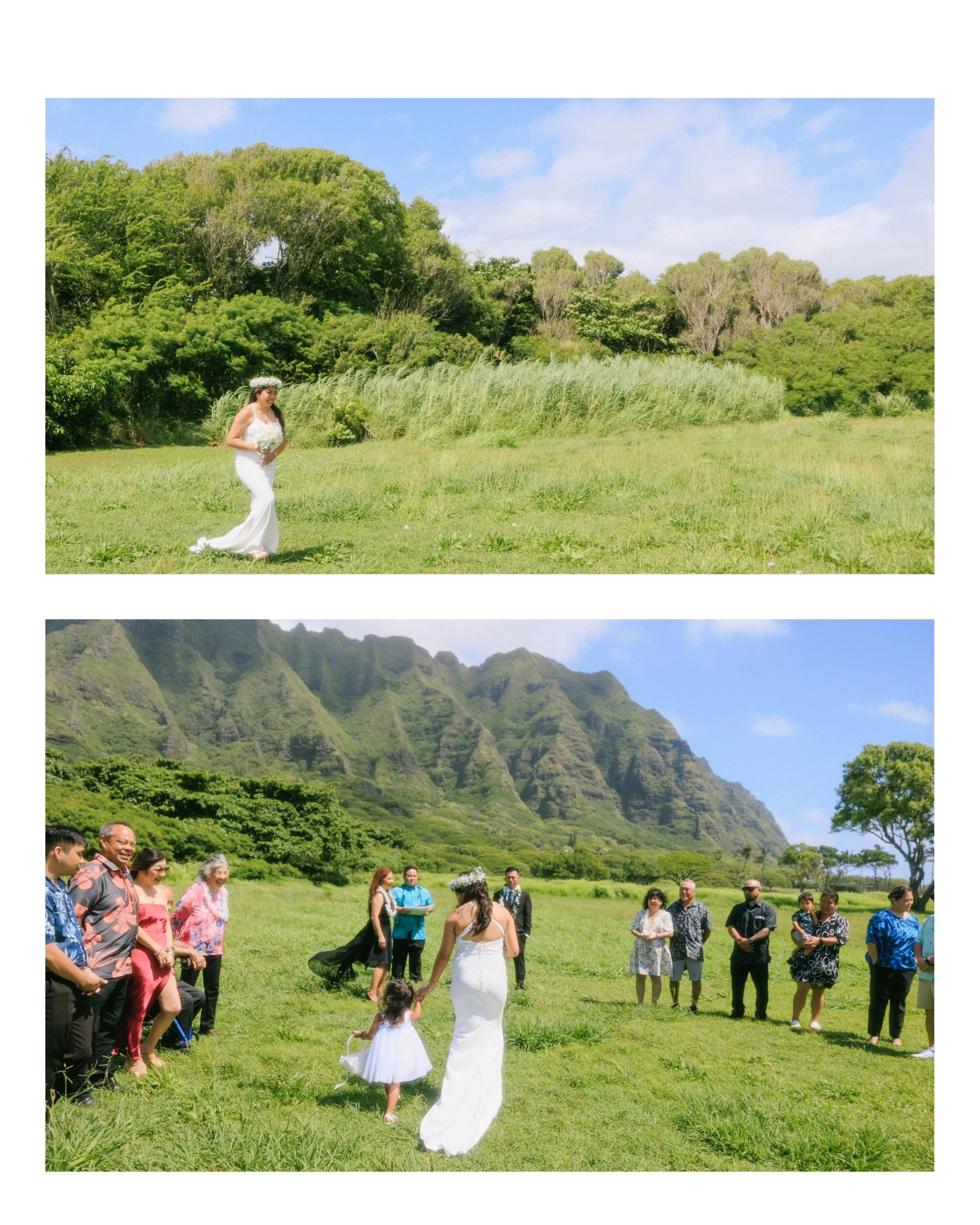 Bride walking through grassy fields at Kualoa Regional Park before her intimate Oahu wedding ceremony with lush tropical greenery and sunny skies.