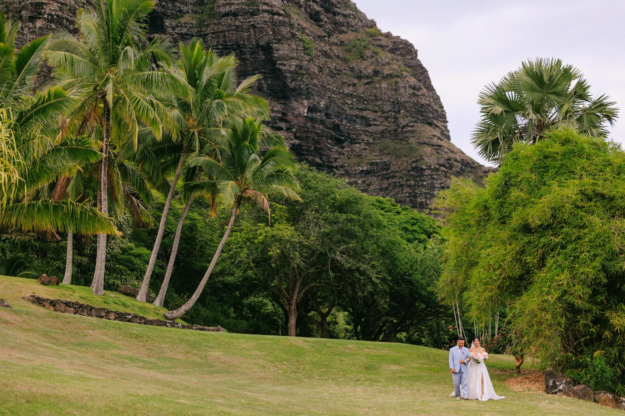A bride and groom walking alone on a lush green lawn with tropical trees surrounding them, and a large mountain in the background.