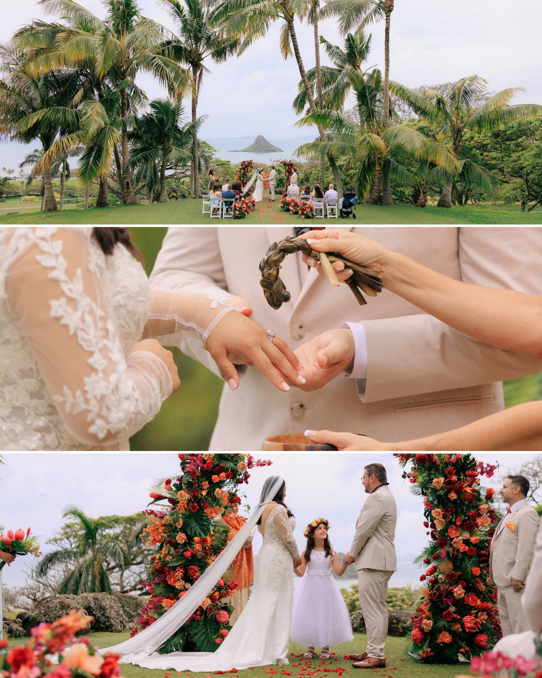 Moody mountain landscape at Kualoa Ranch with clouds and custom wedding title Brian and Karolina Oahu Hawaii elopement.