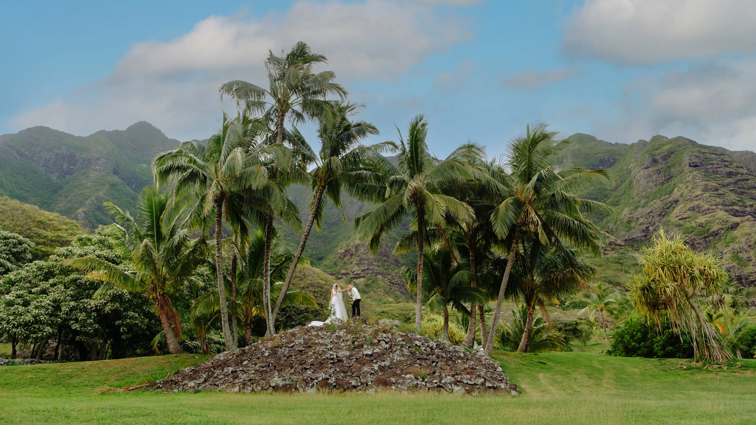 A wedding ceremony taking place outdoors in a lush tropical setting with green grass, palm trees, rocky mound, and mountainous background under a partly cloudy sky.