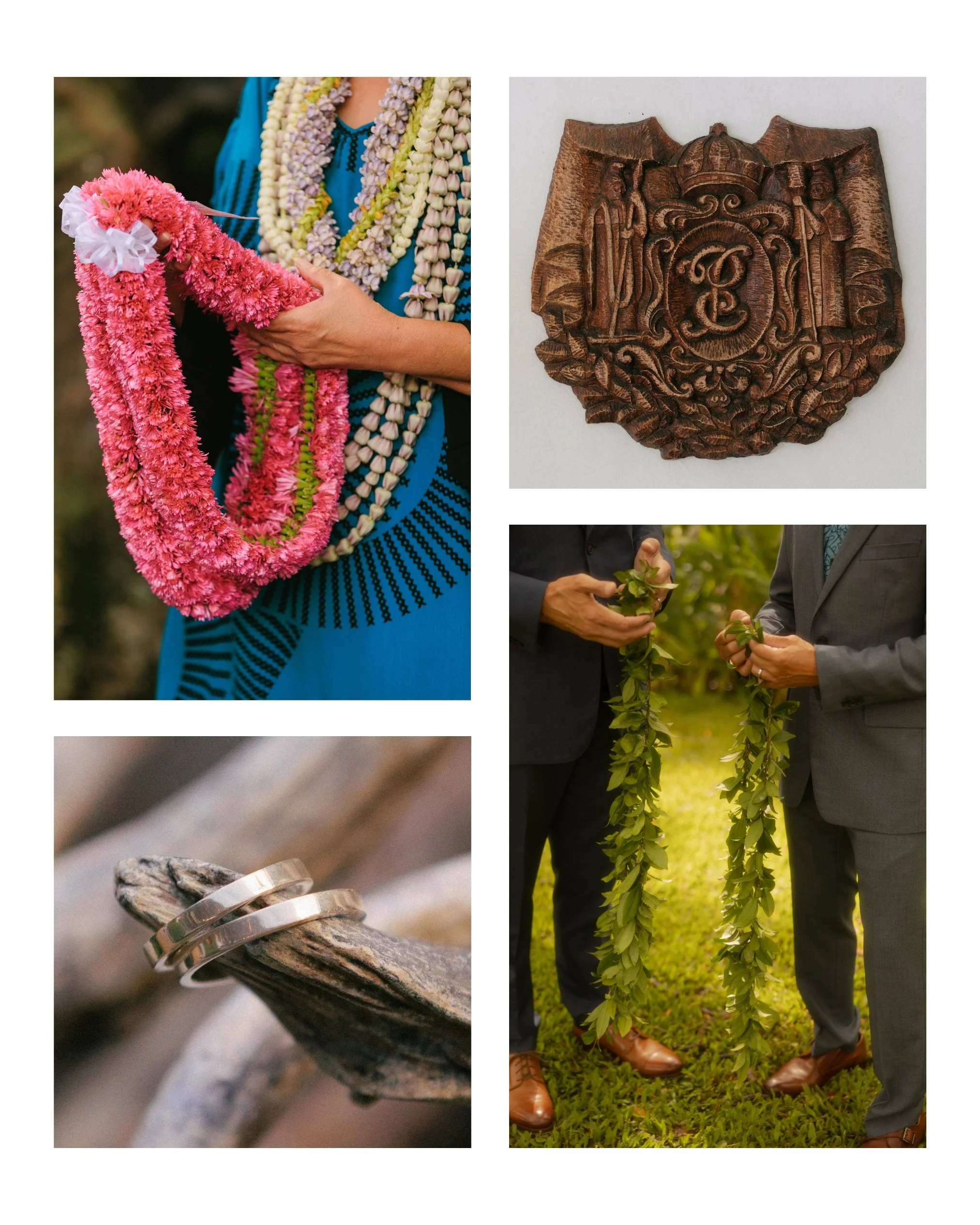 Wedding details including Hawaiian lei, wedding rings, Pacific Club crest, and maile lei exchange during a Pacific Club Honolulu wedding ceremony. Elegant Hawaii wedding details and traditions.