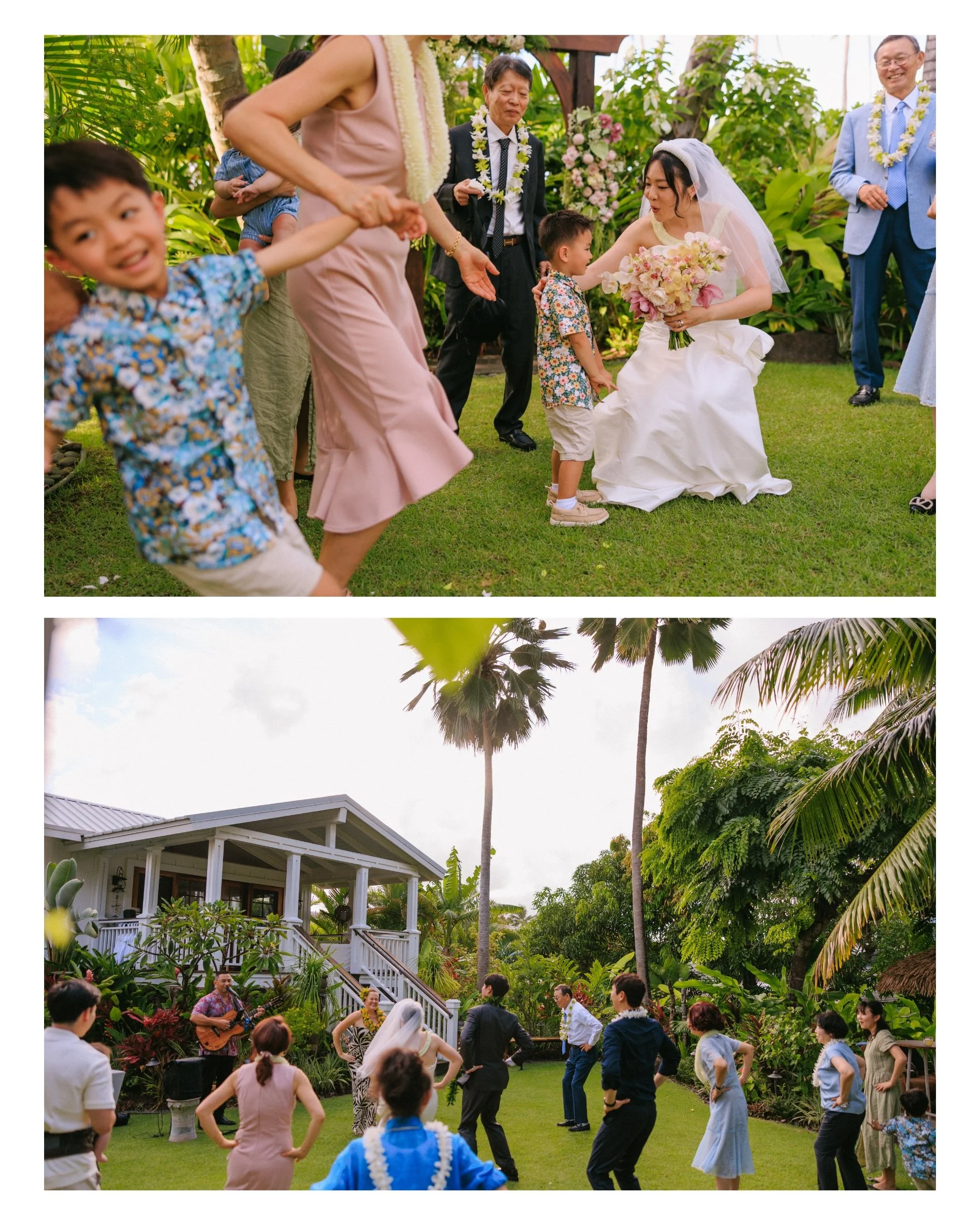 Tiffany and Sungho celebrating with family during hula dance lesson during their intimate Kailua wedding on Oahu