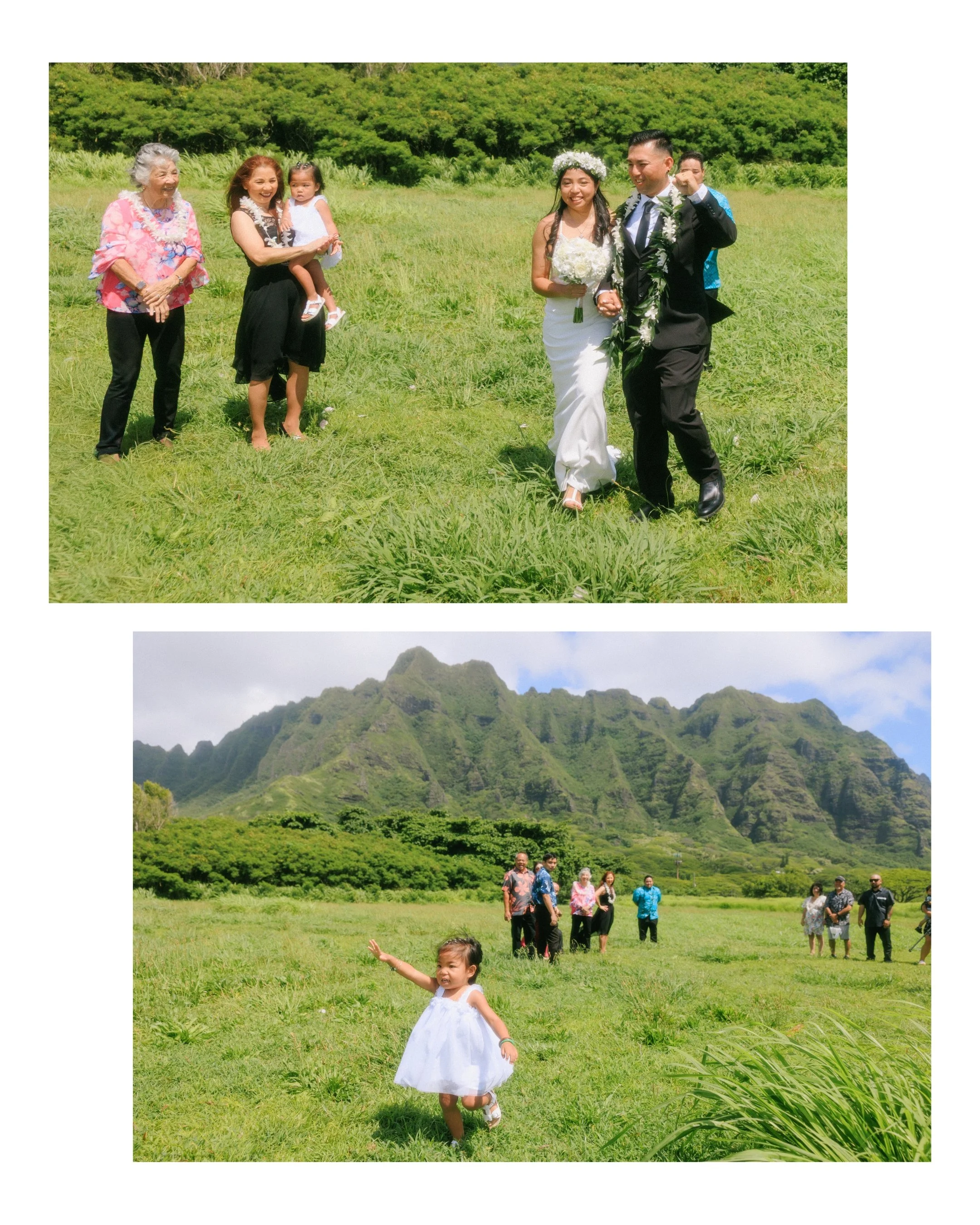 Newly married couple celebrating with family after their intimate Kualoa Regional Park wedding ceremony on Oahu with lush mountain scenery and sunny weather.