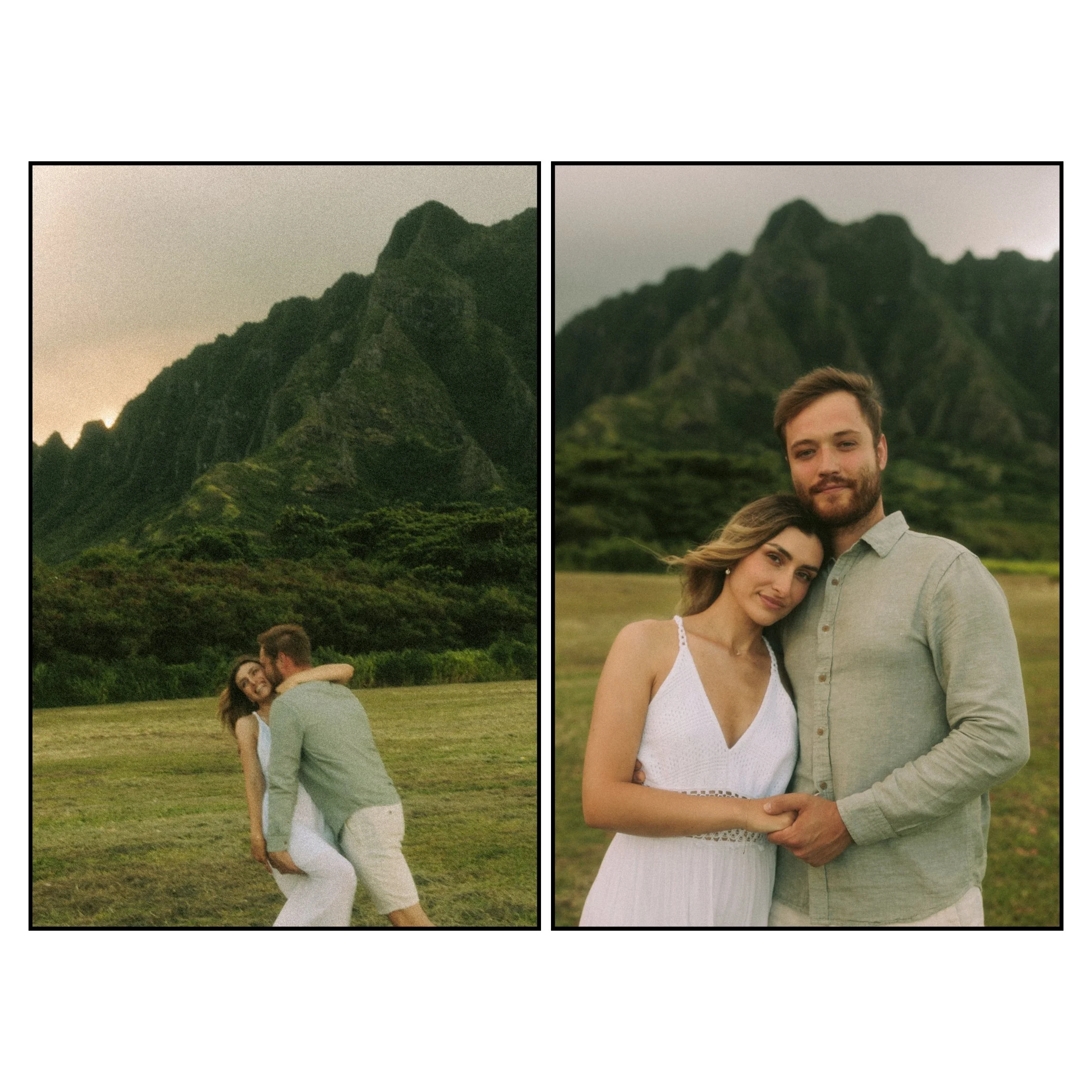 Couple laughing and posing beneath the Koʻolau mountains during an emotional Oahu couples photography session at Kualoa Regional Park.