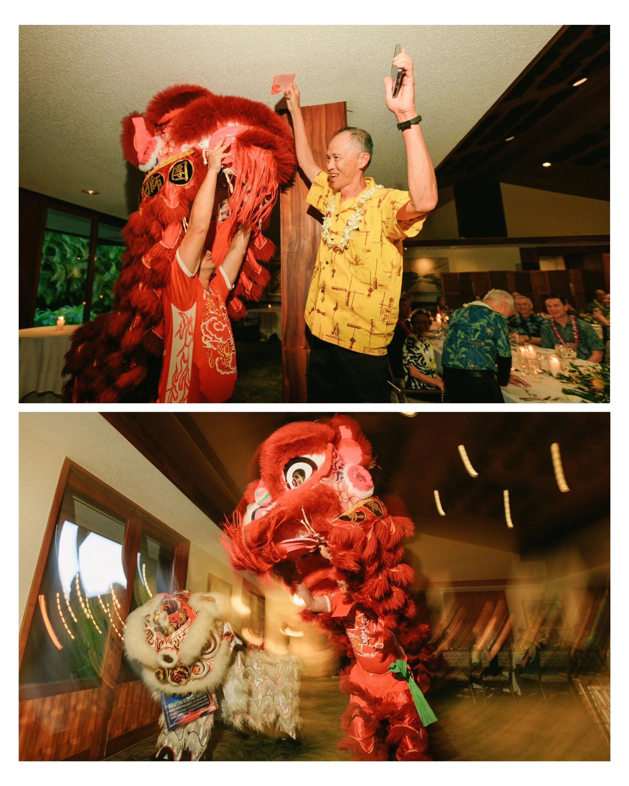Traditional Chinese lion dance performance during a Pacific Club Honolulu wedding reception. Cultural wedding entertainment photographed at a Hawaii wedding celebration.