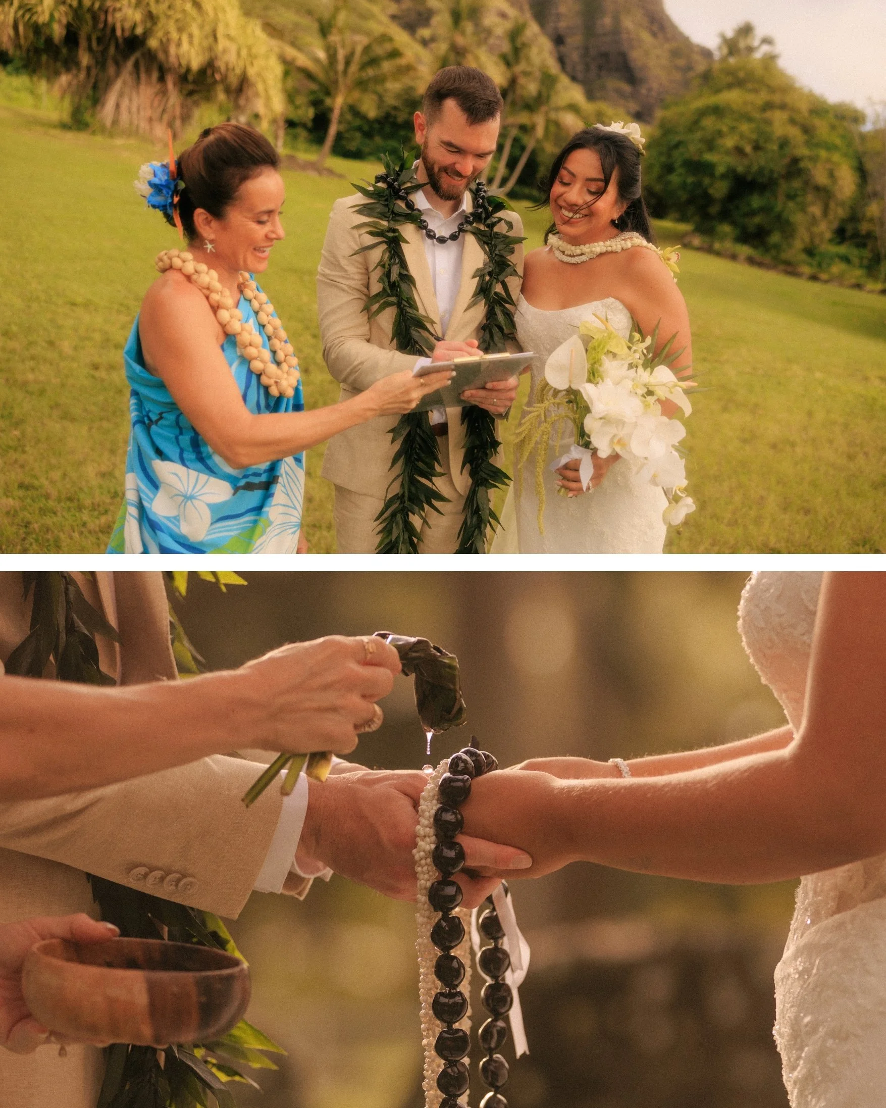 A two-panel collage of Nicole and Ethan smiling with their officiant on the lawn and a close-up of water poured over their joined hands with kukui nut lei and a wooden bowl during their elopement ceremony at Paliku Gardens, Kualoa Ranch.