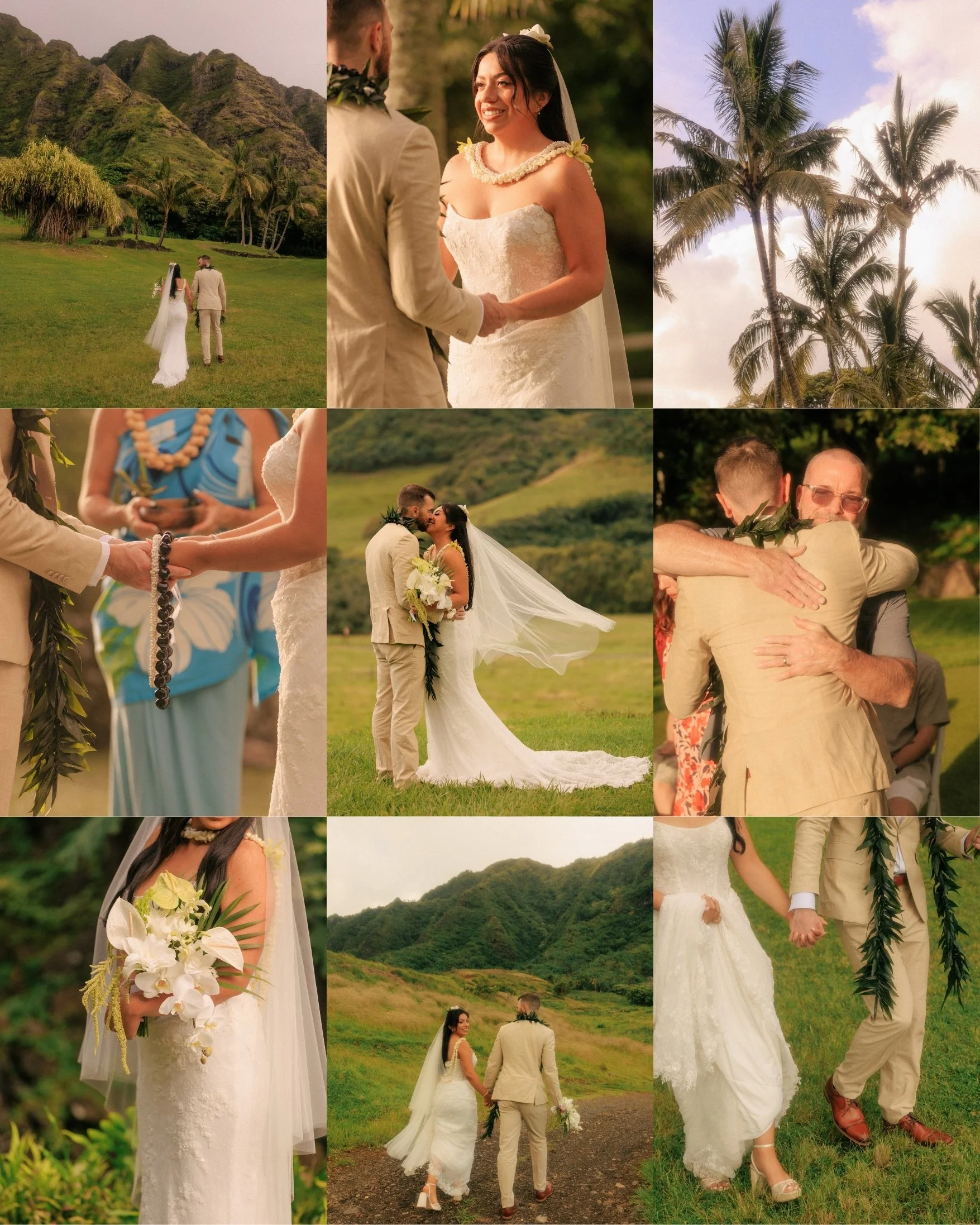A nine-panel collage of Nicole and Ethan's elopement at Kualoa Ranch: the couple on the lawn beneath the mountains, a lei exchange, a kiss with Nicole's veil blowing, her white bouquet, and the couple walking away at Paliku Gardens, Oahu.