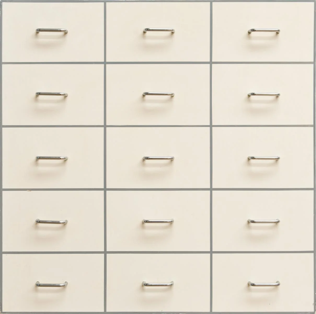 William Tillyer, Fifteen Drawer Pulls, 1966, Oil on panel construction, 88.9 x 88.9 cms (35 x 35 ins)