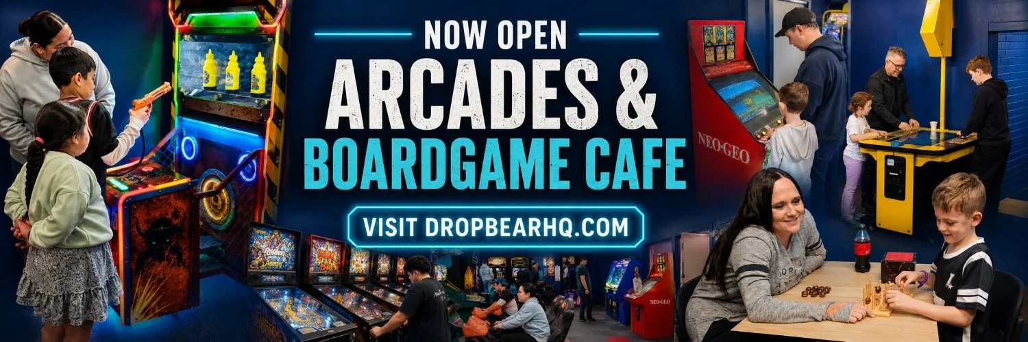 banner showing various pictures for the DropBear HQ arcade in Pakenham.  the words say NOW OPEN ARCADES & BOARDGAME CAFE VISIT DROPBEARHQ.COM