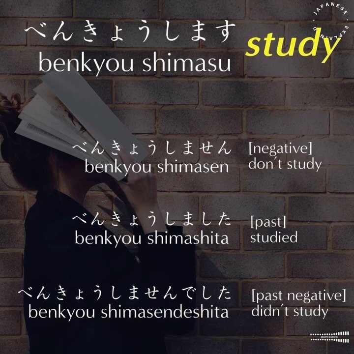 🎧

&mdash;&mdash;Polite-form(Masu-form)&mdash;&mdash;
[present/future] べんきょうします benkyou shimasu
[negative] べんきょうしません benkyou shimasen 
[past] べんきょうしました benkyou shimashita 
[past negative] べんきょうしませんでした benkyou shimasendeshita 

e.g. にほんご nihongo: Jap
