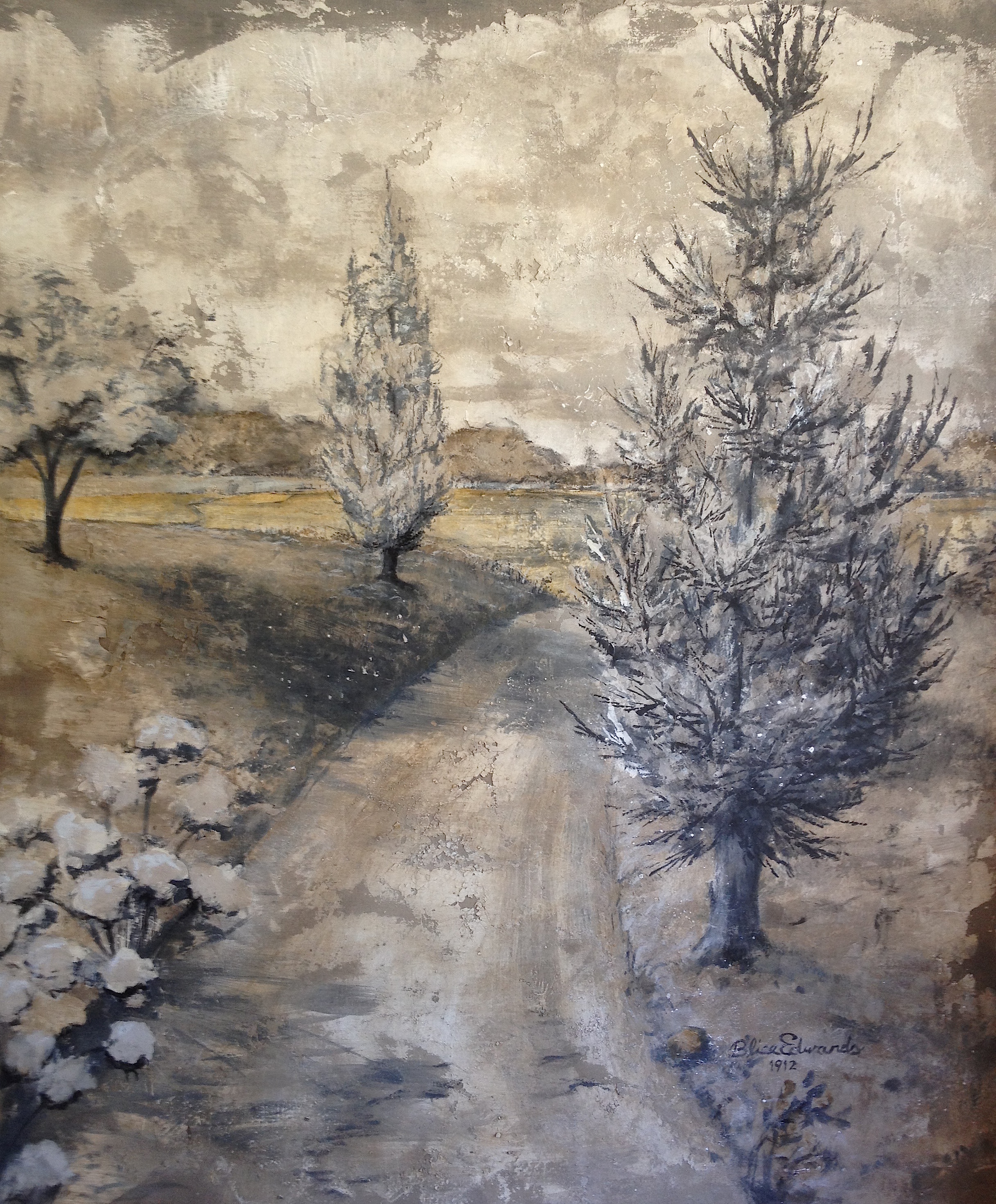 This Mural was painted on Raw Linen and cracked Plaster, Sealed and installed in a formal Powder Bathroom.