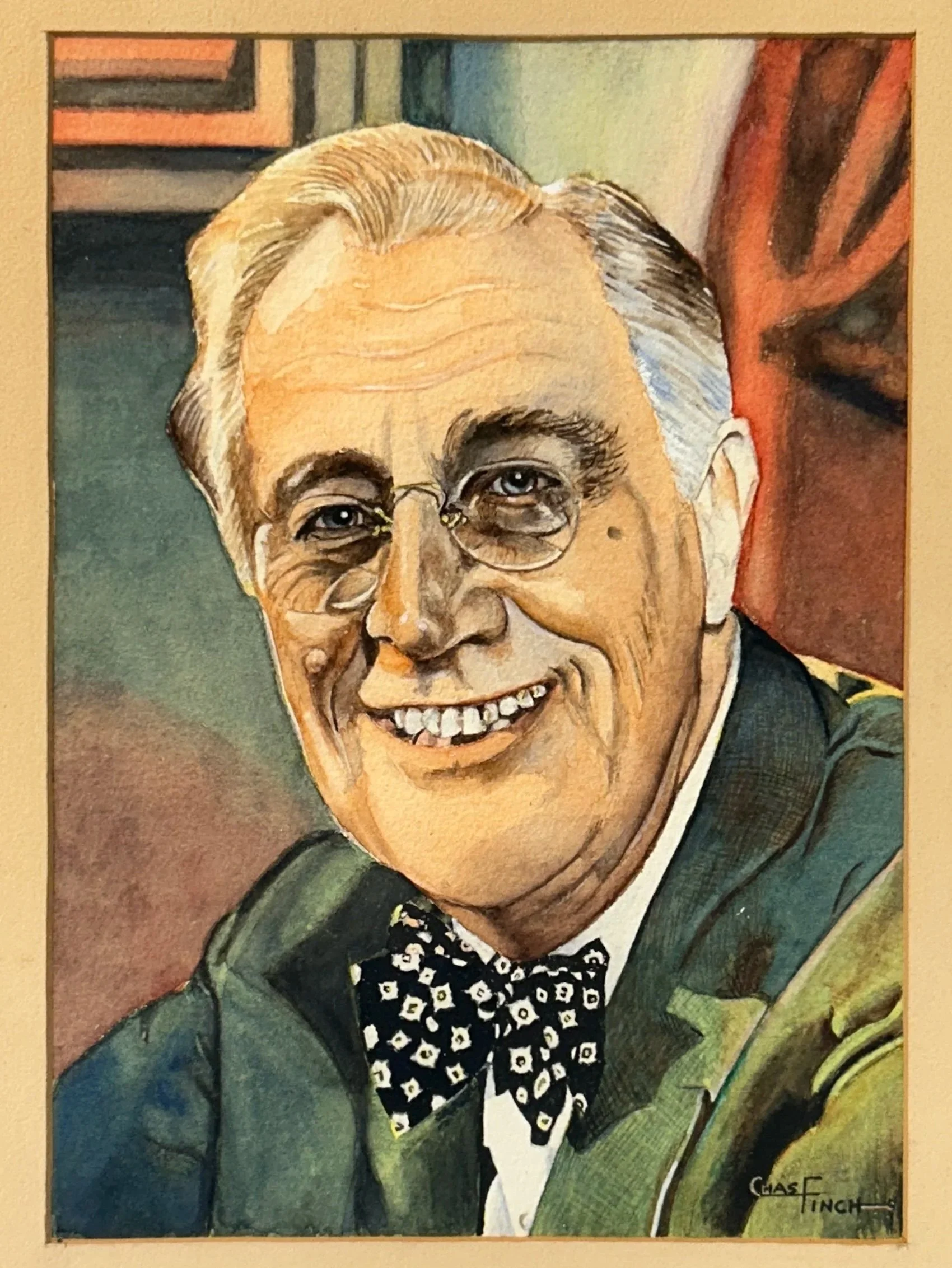 Portrait of  president Franklin D. Roosevelt, watercolor on paper, Charles L. Finch 1965 