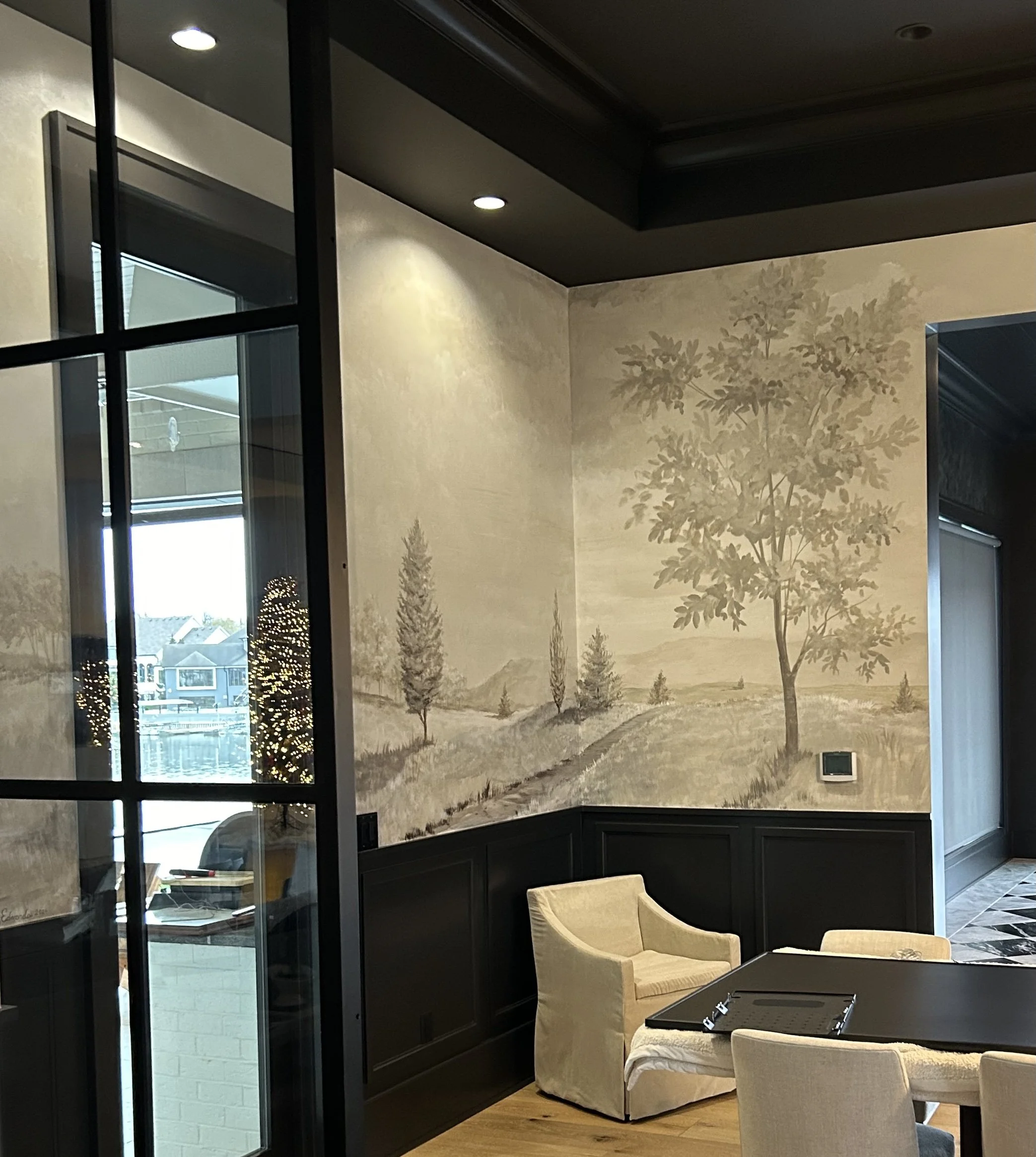 A sense of light comes from the actual sunset outside. 

