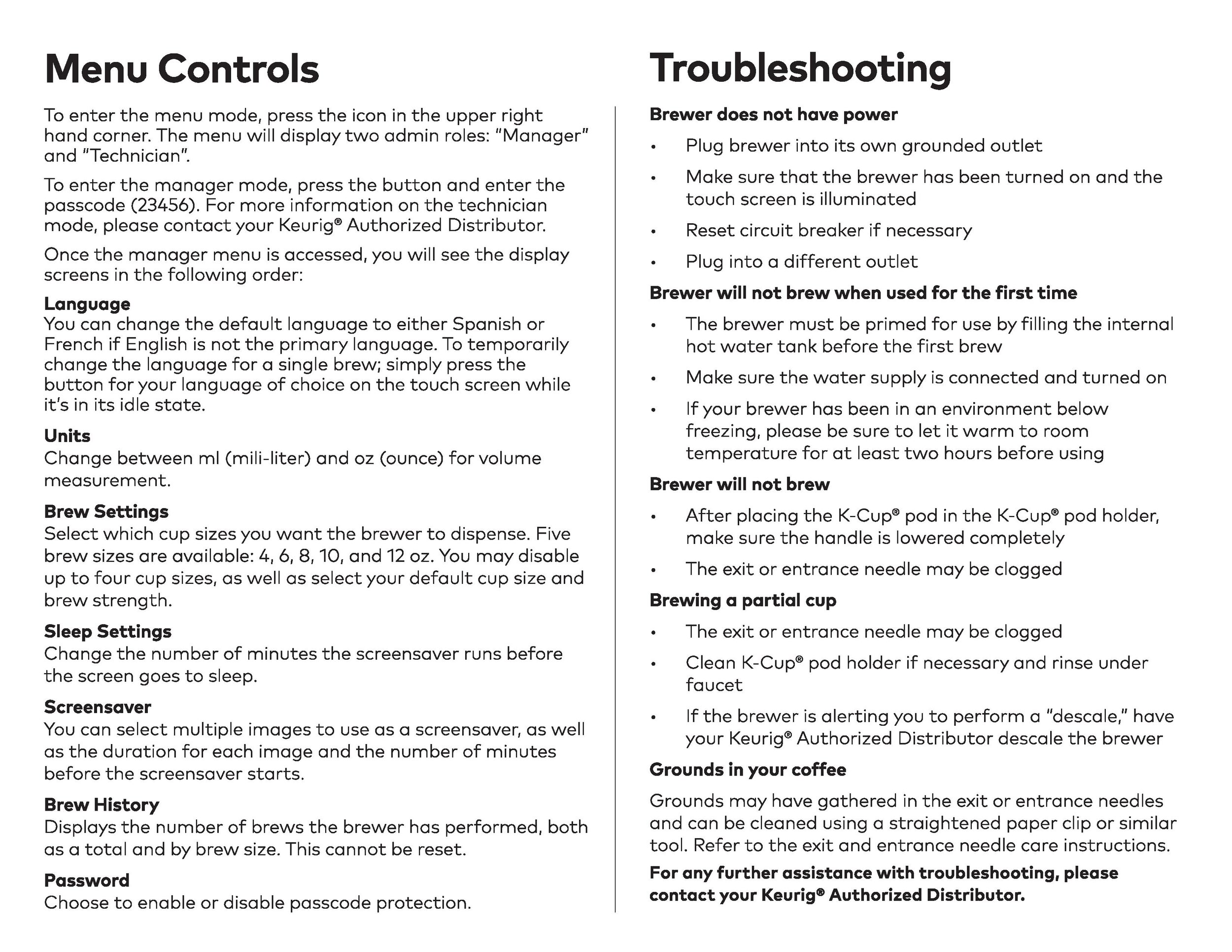 Menu Controls/Troubleshooting