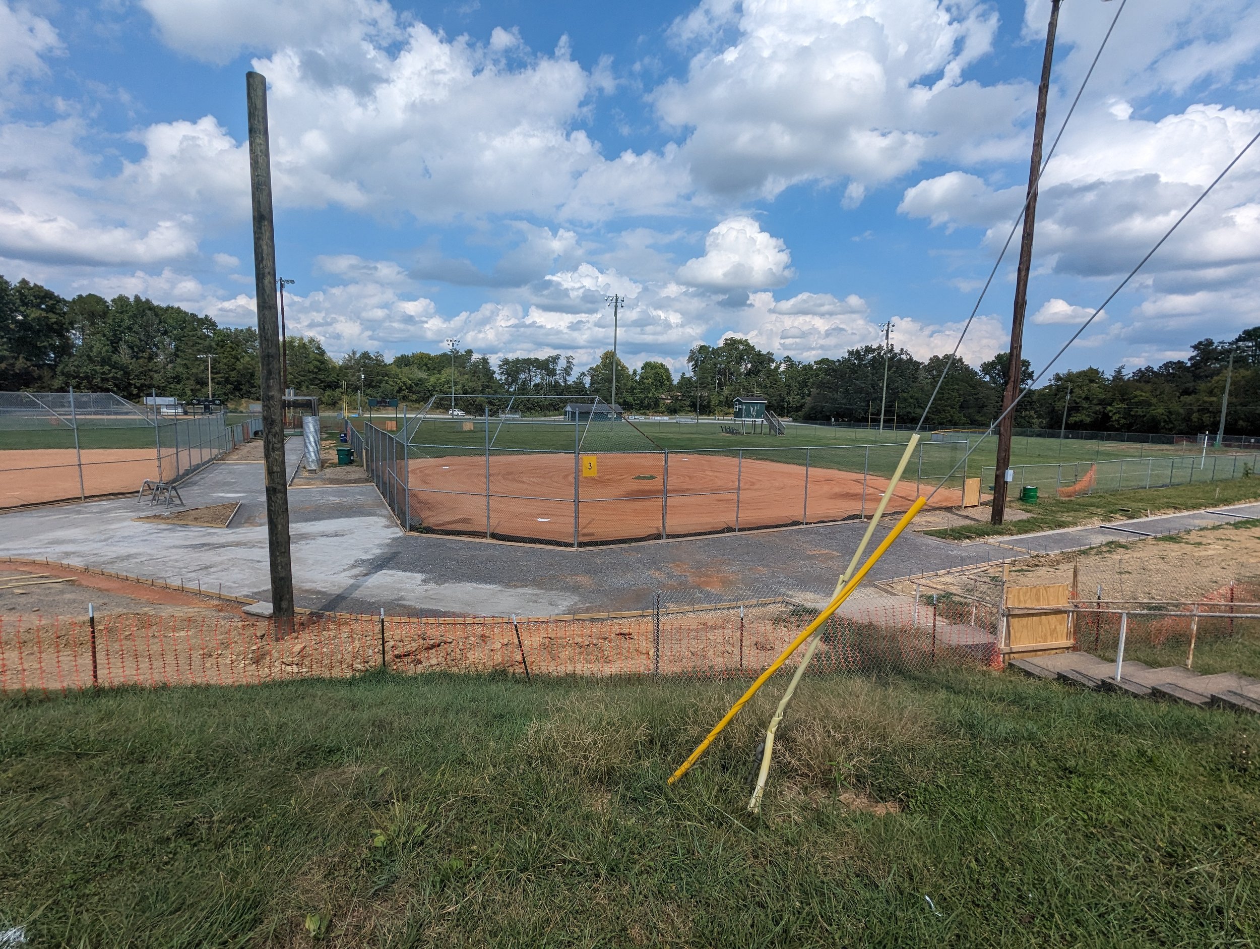 9/15/23 - Grading, base stone, and formwork for sidewalks and seating areas is complete at fields 2-4.