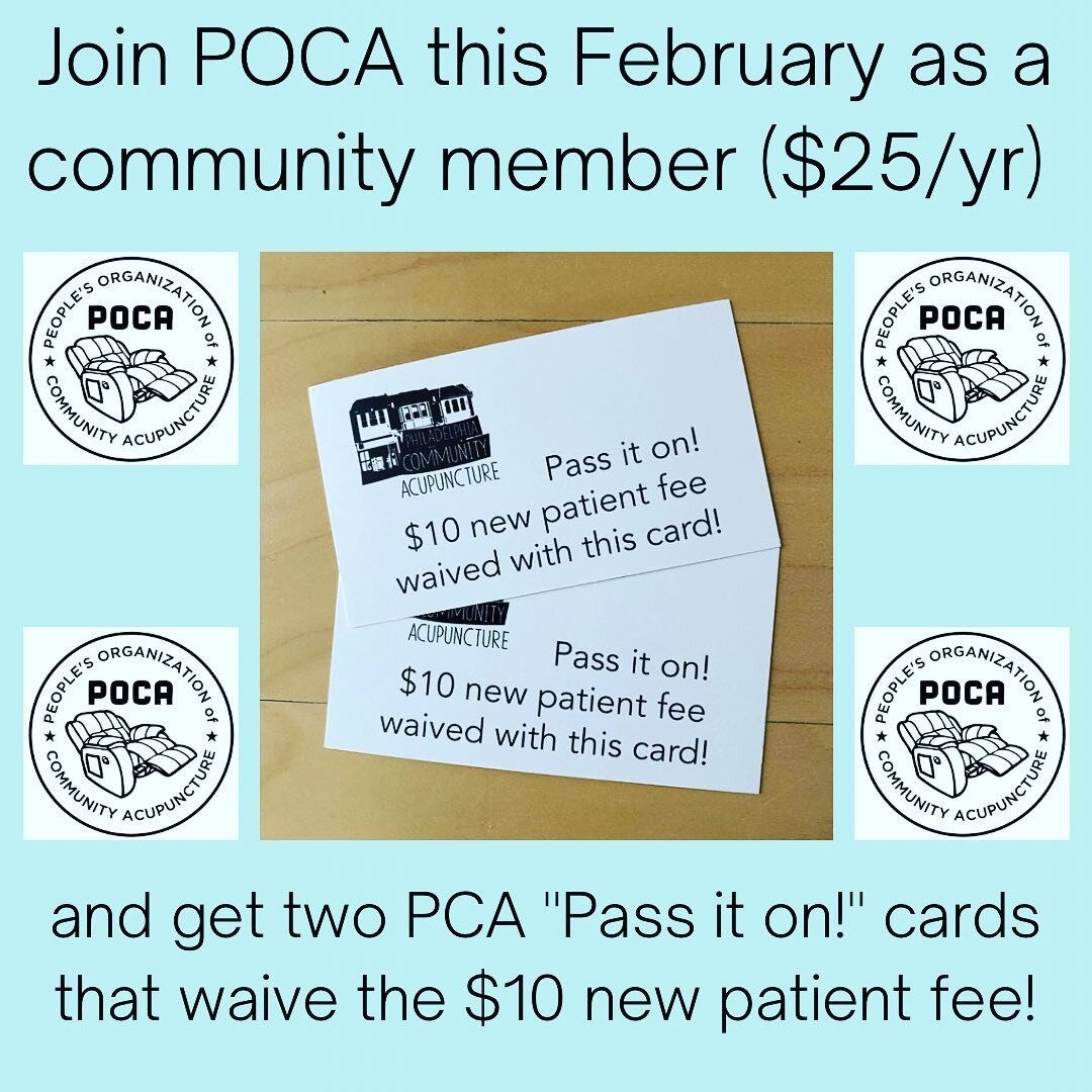 February kicks off POCA&rsquo;s membership drive and PCA is participating by offering two of these Pass it on! cards that waive the new patient fees. Join POCA as a community member for just $25 annually and support the movement for affordable acupun