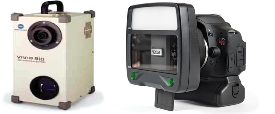 The traditional laser scanner (left) is now being replaced by the stereophotogrammetry device (right) to produce high-quality 3D images in milliseconds ( Source ).