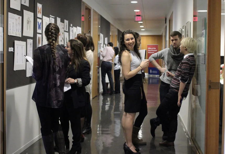 Students and faculty congregate in the main BMC corridor during our semi-annual critique.