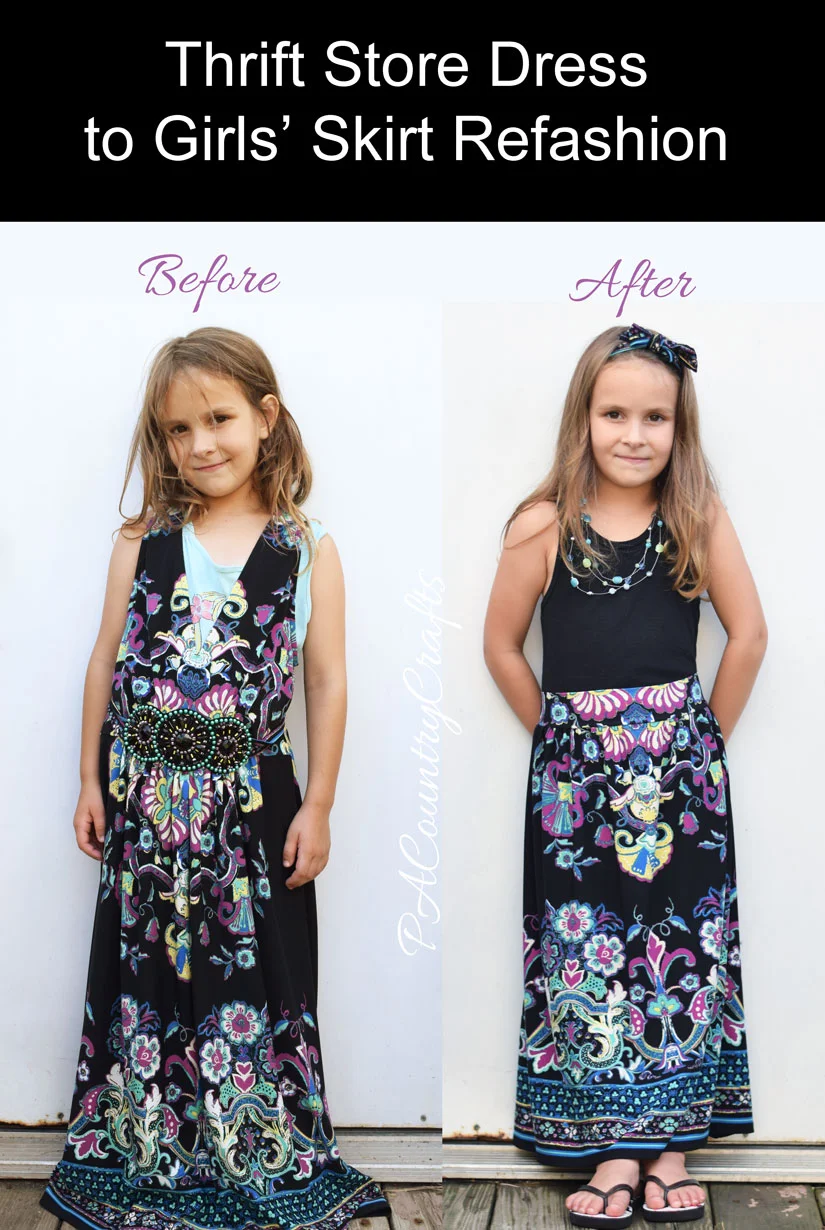 Before and after- refashion a women's dress to a girls' maxi skirt with this free tutorial!