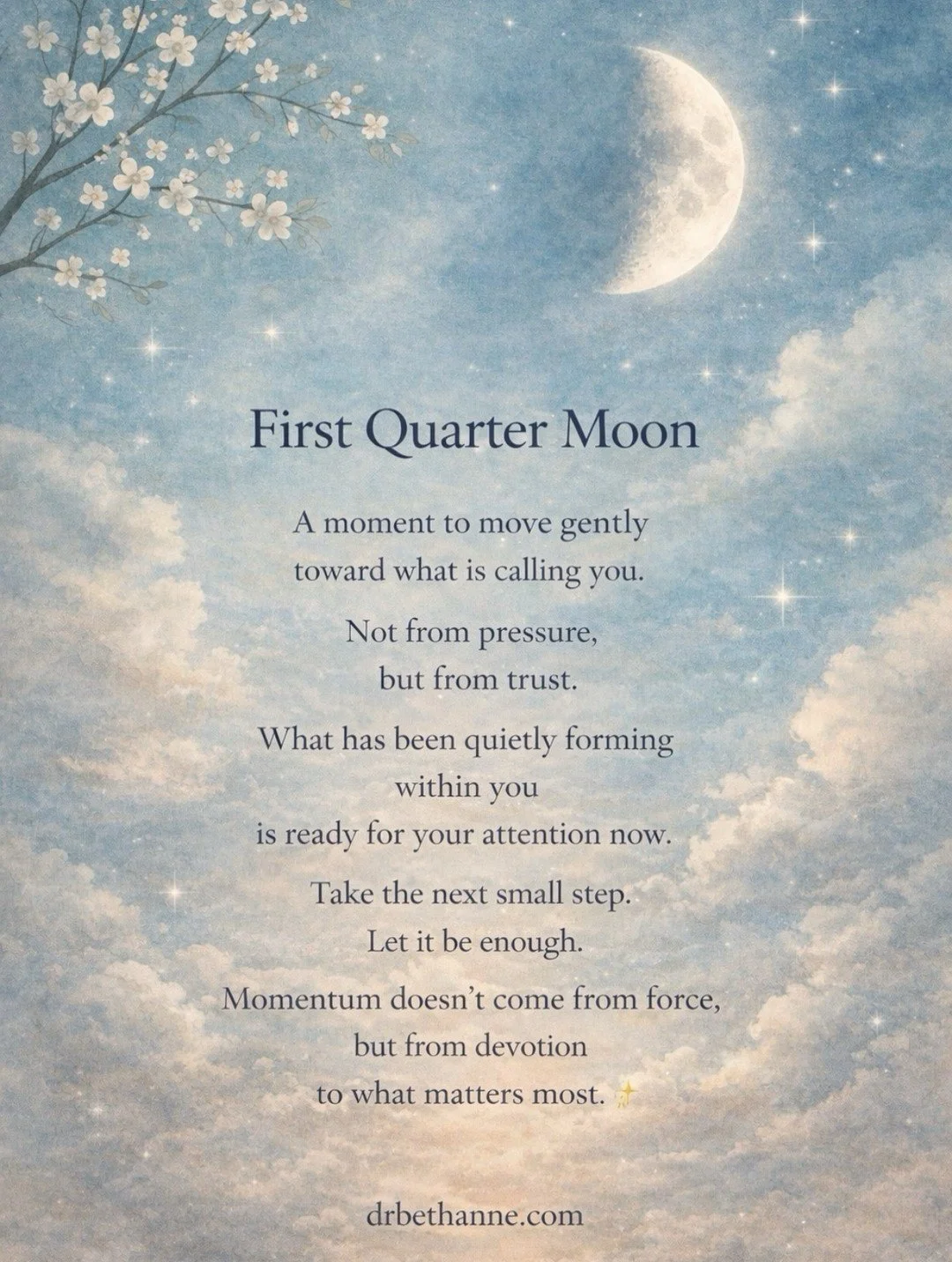 ✨The First Quarter Moon is about taking action.

Not perfect action.
Not everything at once.

Just the next step.

🌱

If something in your life has been building or asking for your attention, this is a good time to begin moving toward it.

Small, co